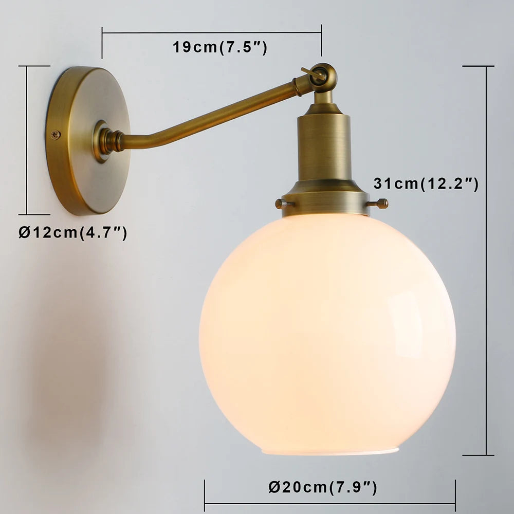 Industrial Vintage Slope Pole Wall Mount Single Sconce with 7.9" Globe Round Milk White Glass Shade Wall Sconce Light Lamp