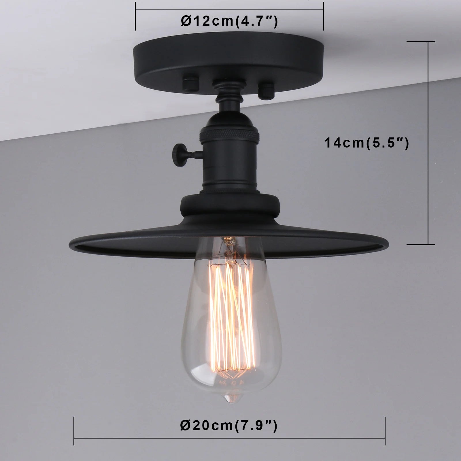 Semi Flush Mount Ceiling Light Matte Black Finished Pendant Light with 7.87 Inches Flat Metal and ON/Off Button