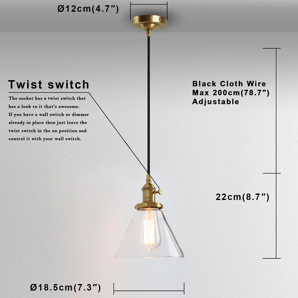 Industrial Vintage Pendant Light with Funnel Flared Glass Clear Glass Shade 1-Light Ceiling Fixture