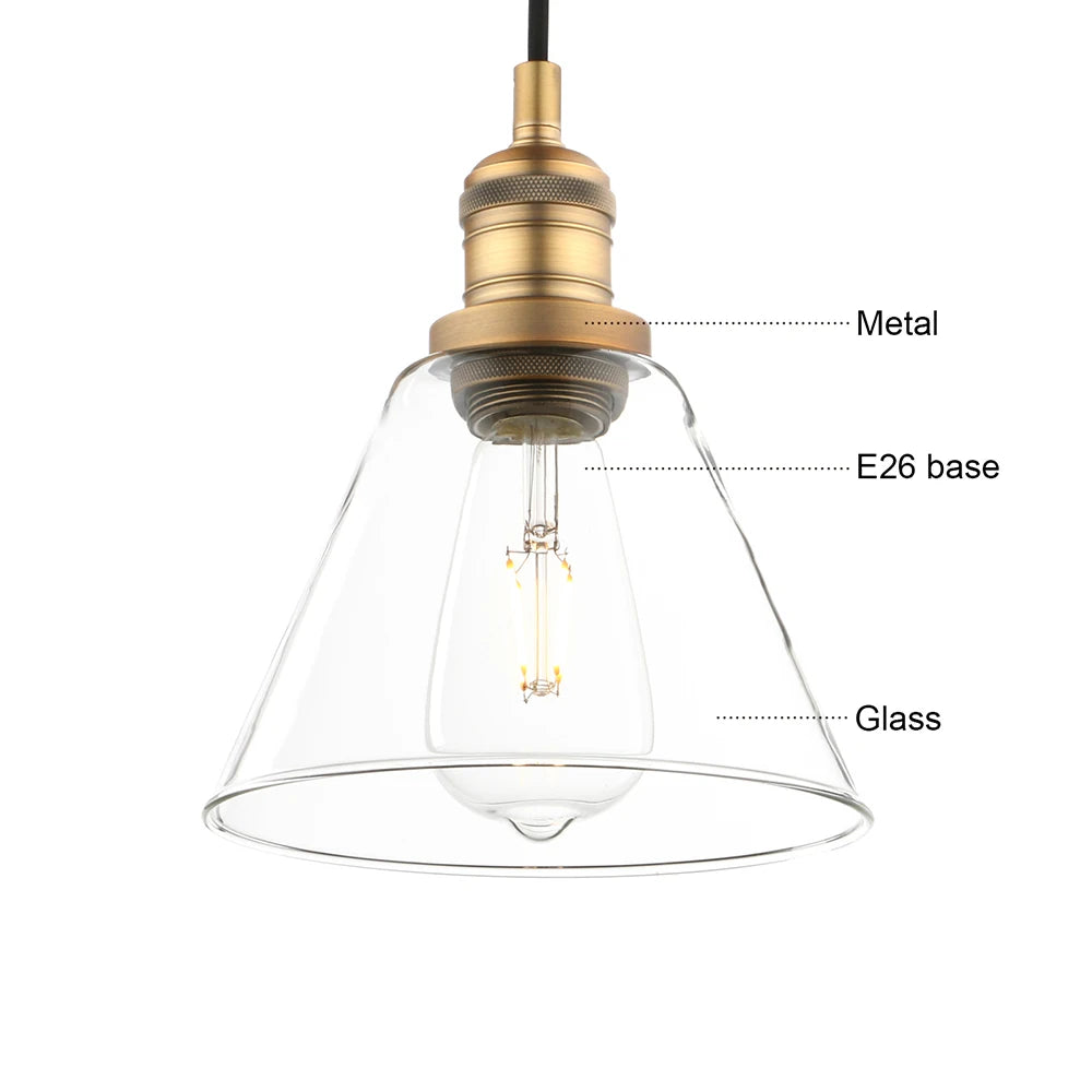 Industrial Vintage Pendant Light with Funnel Flared Glass Clear Glass Shade 1-Light Ceiling Fixture