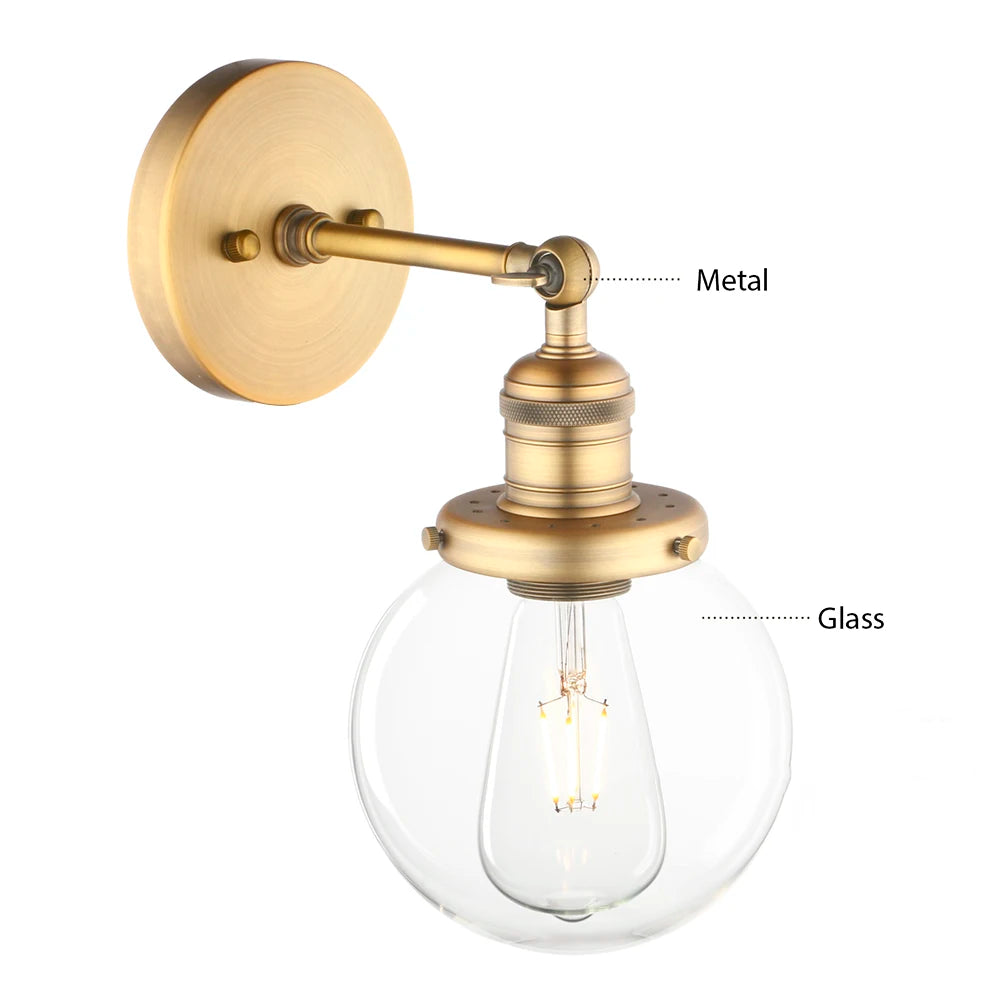 Vintage Industrial Wall Sconce Lighting Fixture with Mini 5.9" Round Clear Glass Globe Hand Blown Shade