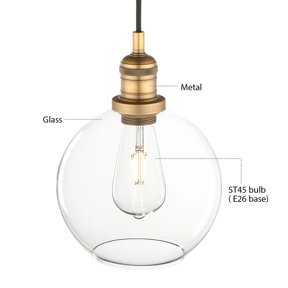 1-Light Vintage Industrial Clear Glass Hanging Pendant Light with 7.9" Globe Round Shade