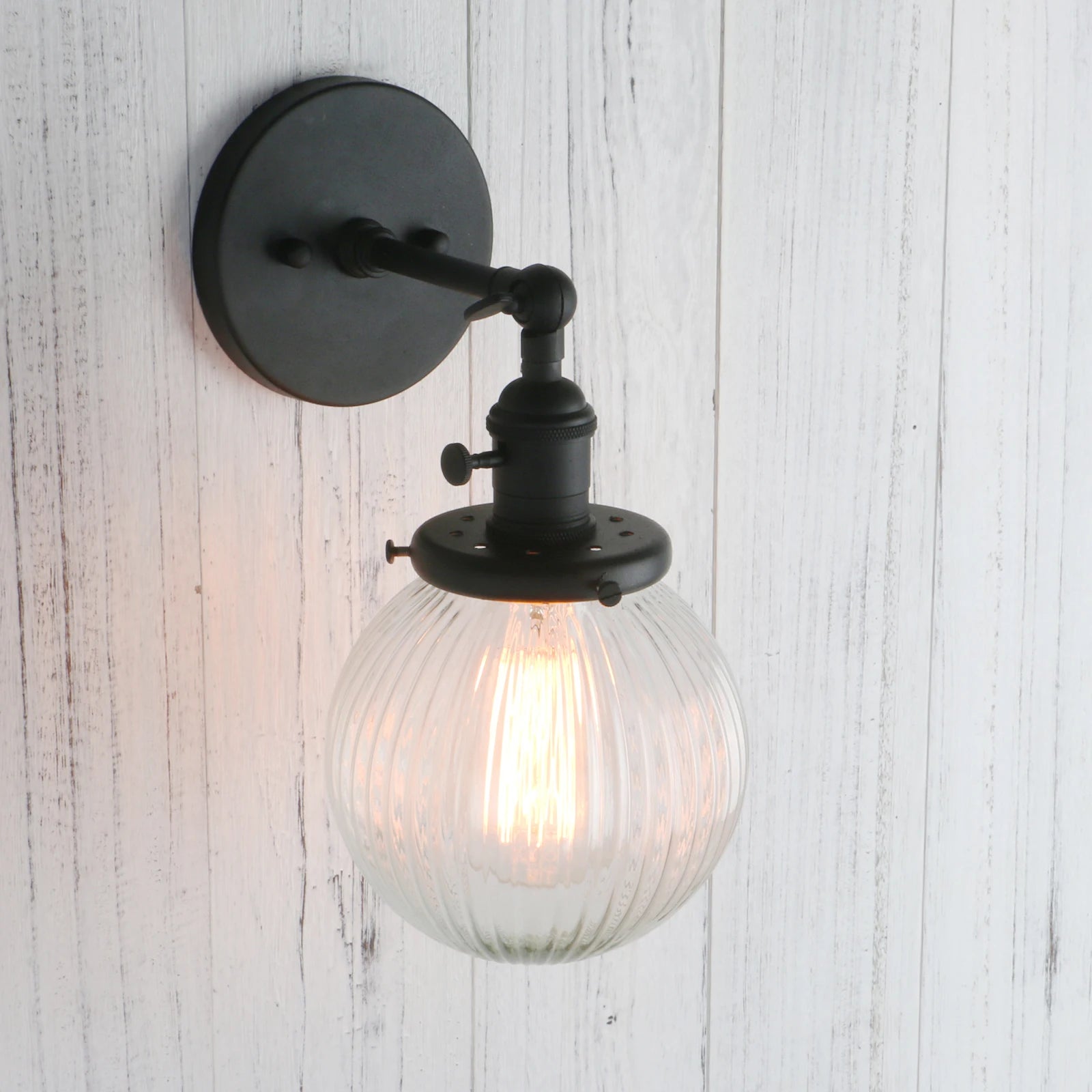 Vintage Industrial Wall Sconce Lighting Fixture with Mini 5.9" Round Clear Globe Ribbed Glass Shade