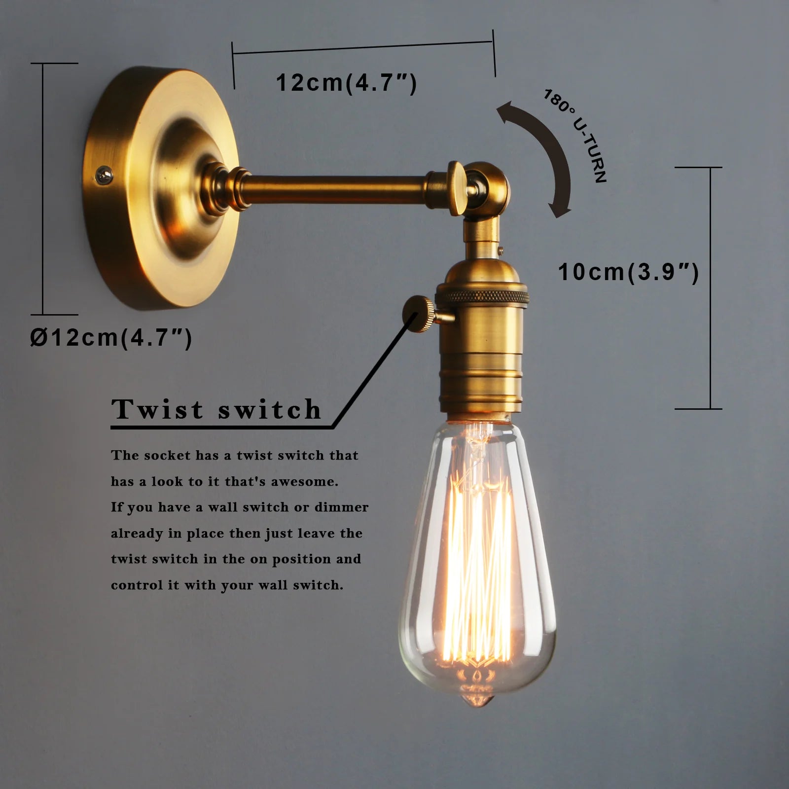 Minimalist Single Socket 1- Light Wall Sconce Lighting with On/Off Switch Rotate 180 degrees