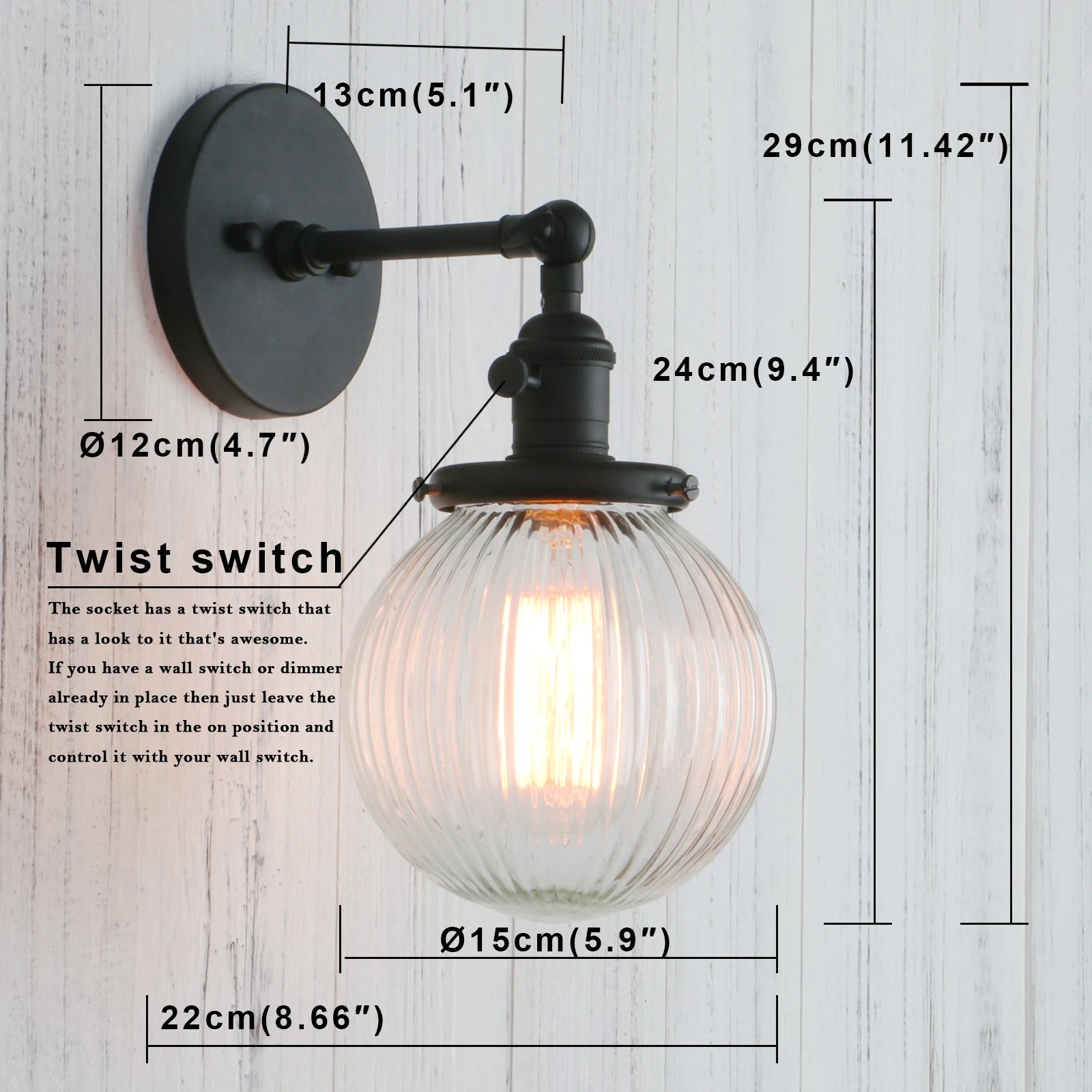 Vintage Industrial Wall Sconce Lighting Fixture with Mini 5.9" Round Clear Globe Ribbed Glass Shade