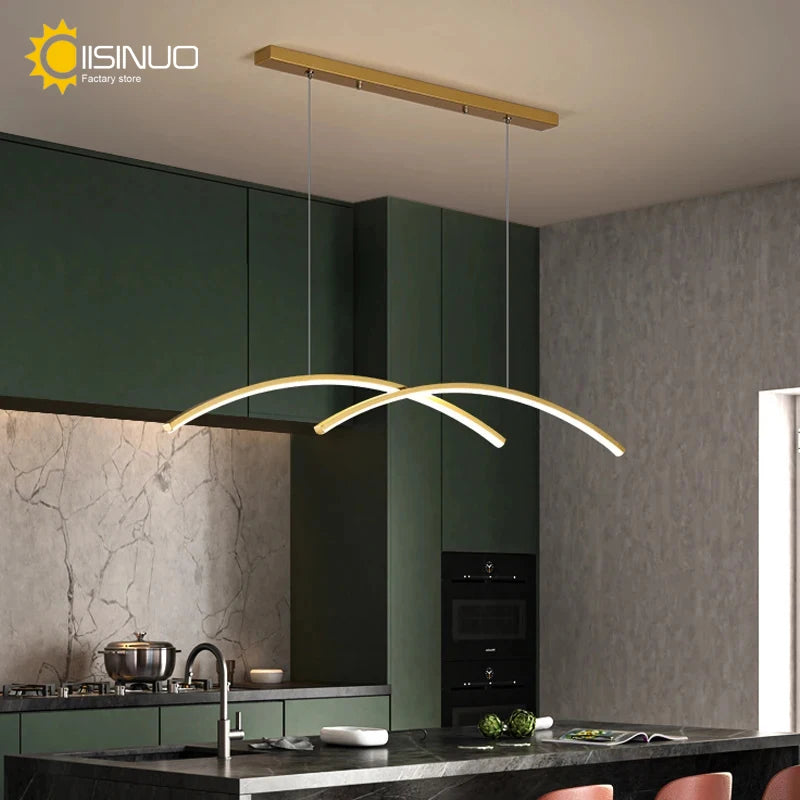 Minimalist LED Pendant Light Gold Linear Wave Chandelier Island Lighting Fixture Hanging Lamp for Home Kitchen Dining Room Decra