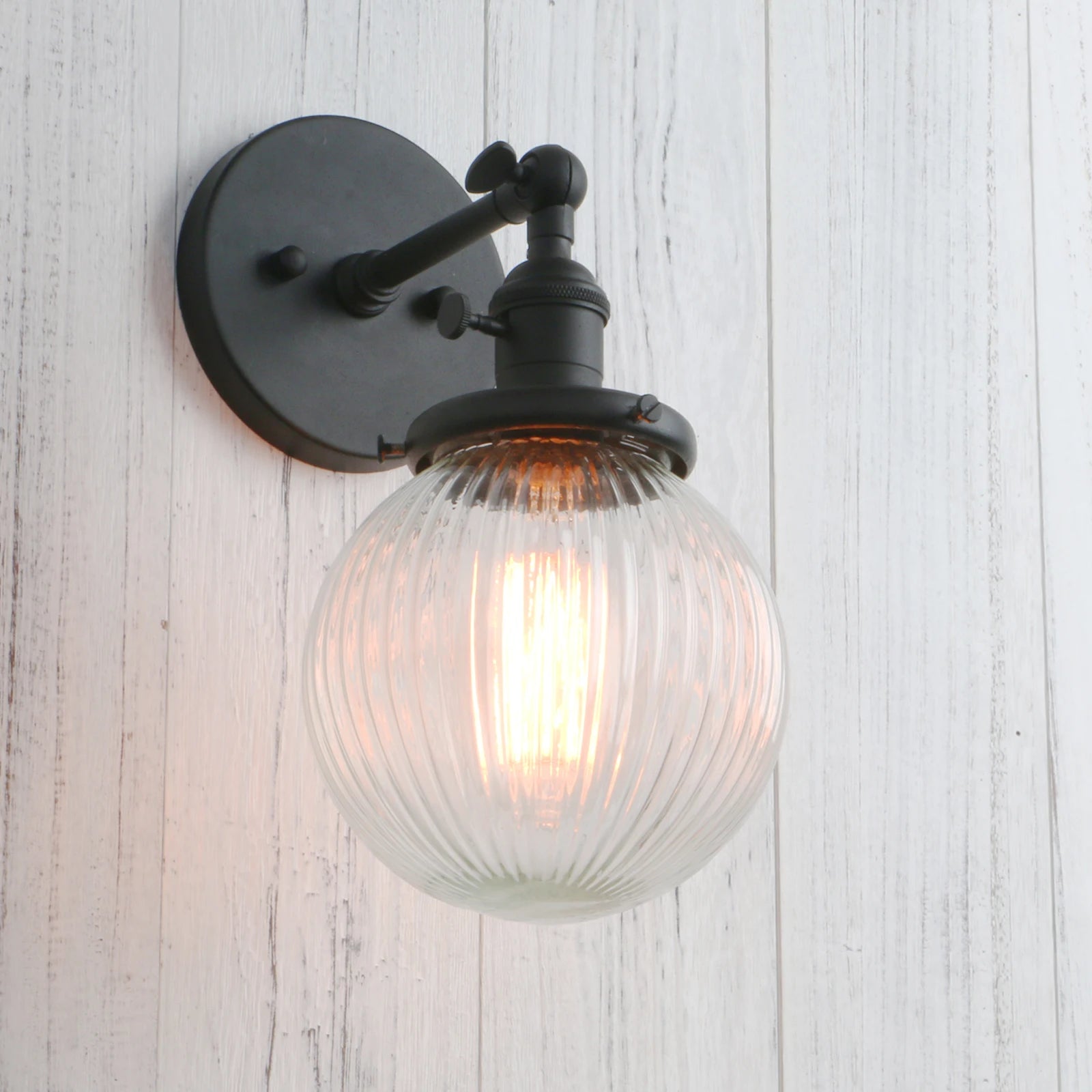 Vintage Industrial Wall Sconce Lighting Fixture with Mini 5.9" Round Clear Globe Ribbed Glass Shade