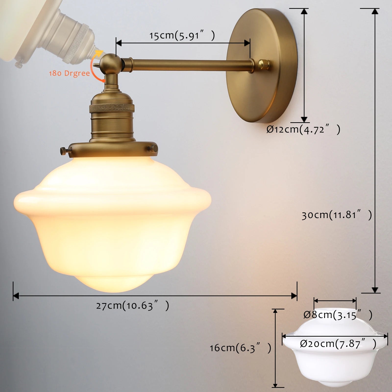 Vintage Wall Sconce Lamp with Milk White Glass Shade, Rustic Style Bathroom Wall Vanity  for Living Room Bedroom Kitchen