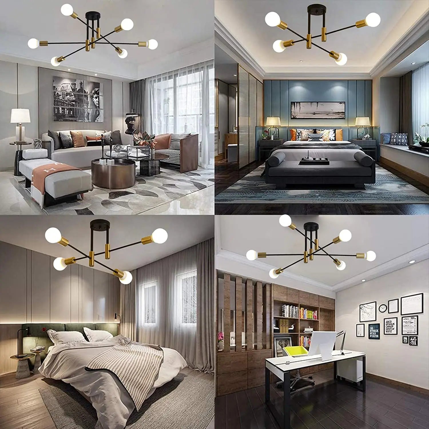 Sputnik Chandelier Industrial Semi Flush Mount Pendant Lamp Modern Ceiling Light Fixture for Kitchen Dining Bedroom Room