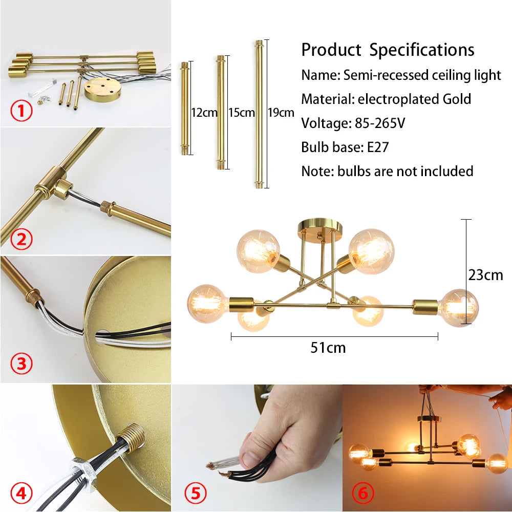 E27 Modern Chandelier Ceiling Lamp Iron Minimalist Personality Creative LED Lighting Gold Black Decoration Living Room