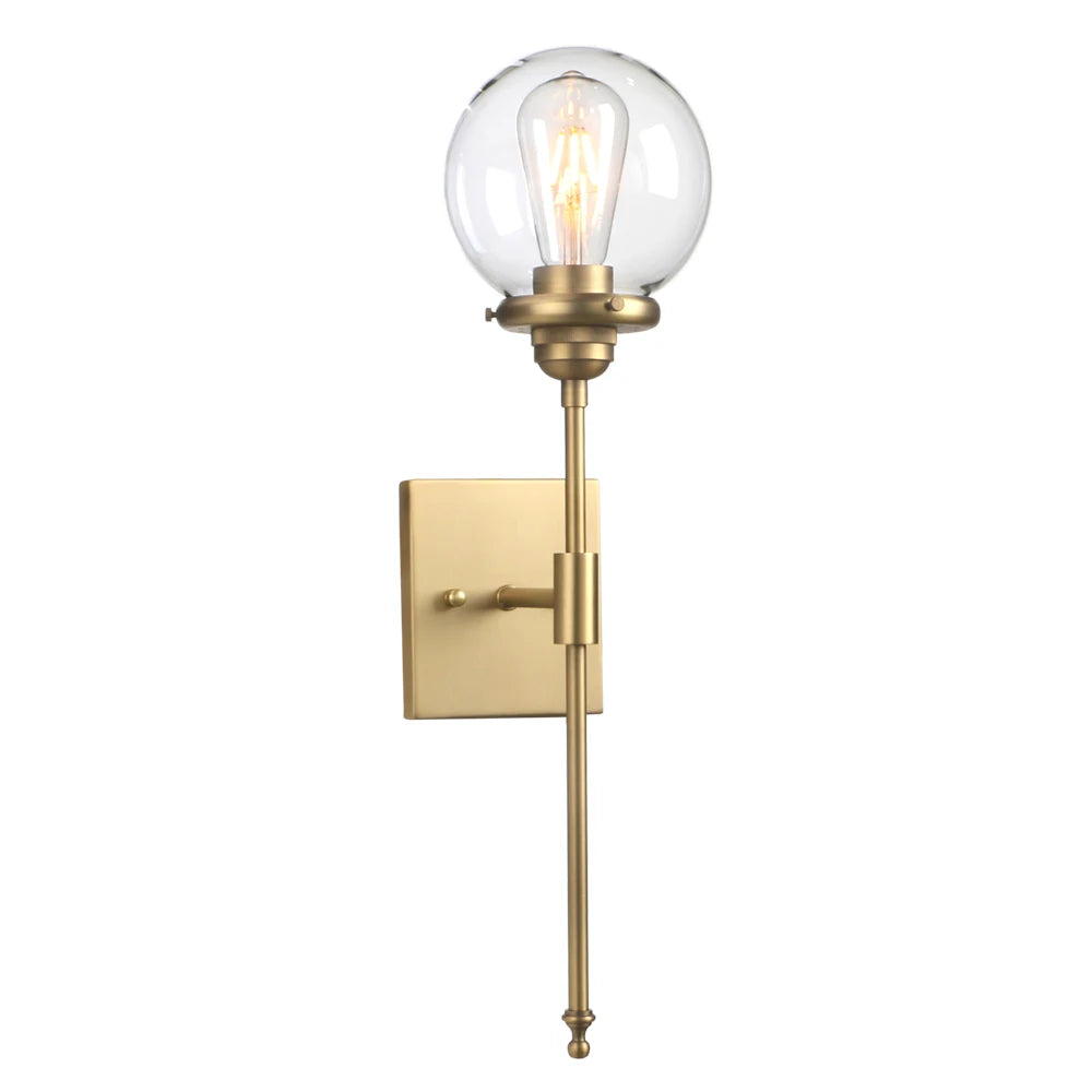 Mid-Century Modern Bathroom Vanity Light Single Wall Sconce with Glass Globe Shade and Antique Brass Finished Long Arm