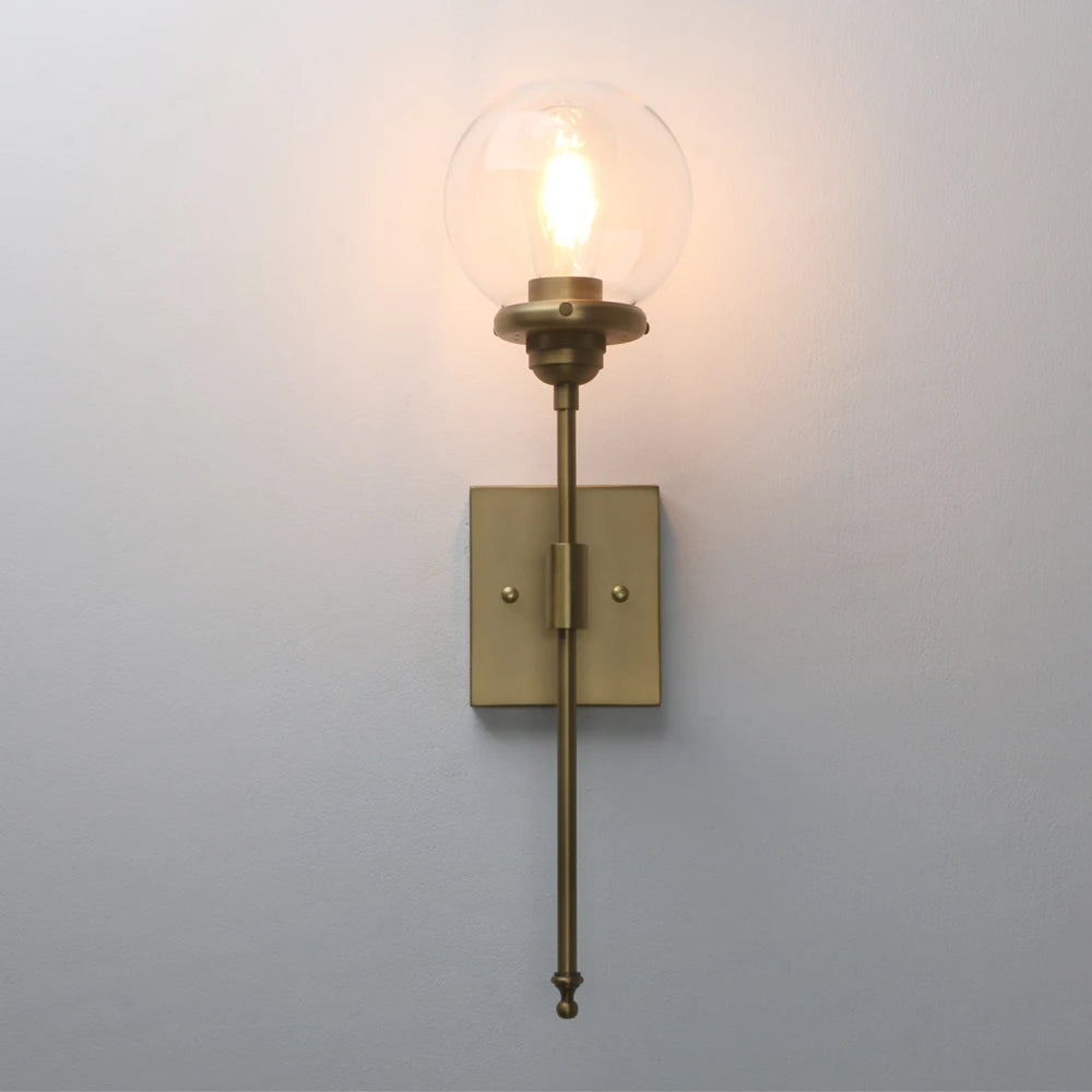 Mid-Century Modern Bathroom Vanity Light Single Wall Sconce with Glass Globe Shade and Antique Brass Finished Long Arm