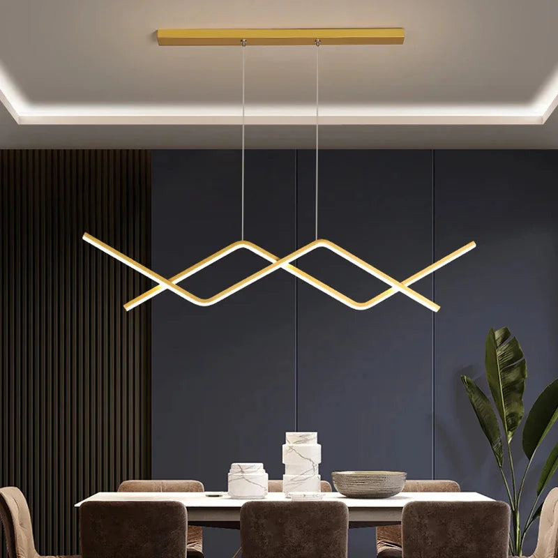 Minimalist LED Pendant Light Gold Linear Wave Chandelier Island Lighting Fixture Hanging Lamp for Home Kitchen Dining Room Decra