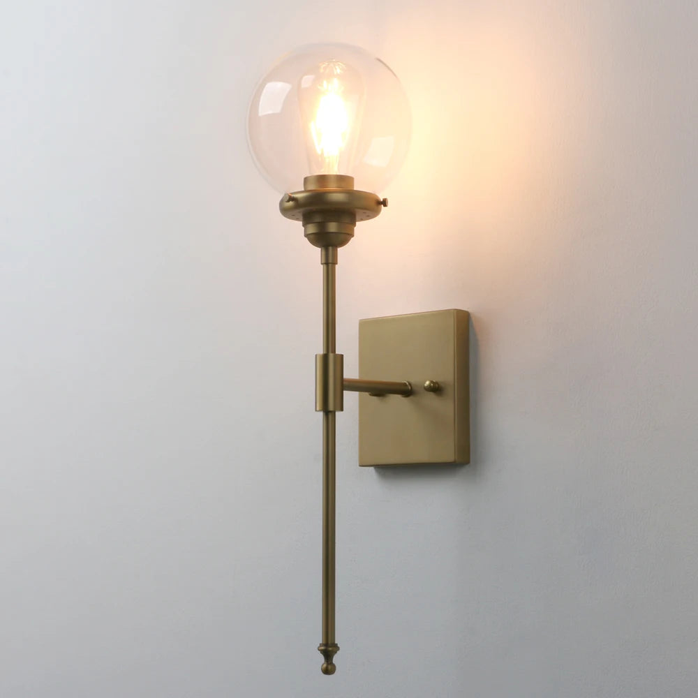 Mid-Century Modern Bathroom Vanity Light Single Wall Sconce with Glass Globe Shade and Antique Brass Finished Long Arm