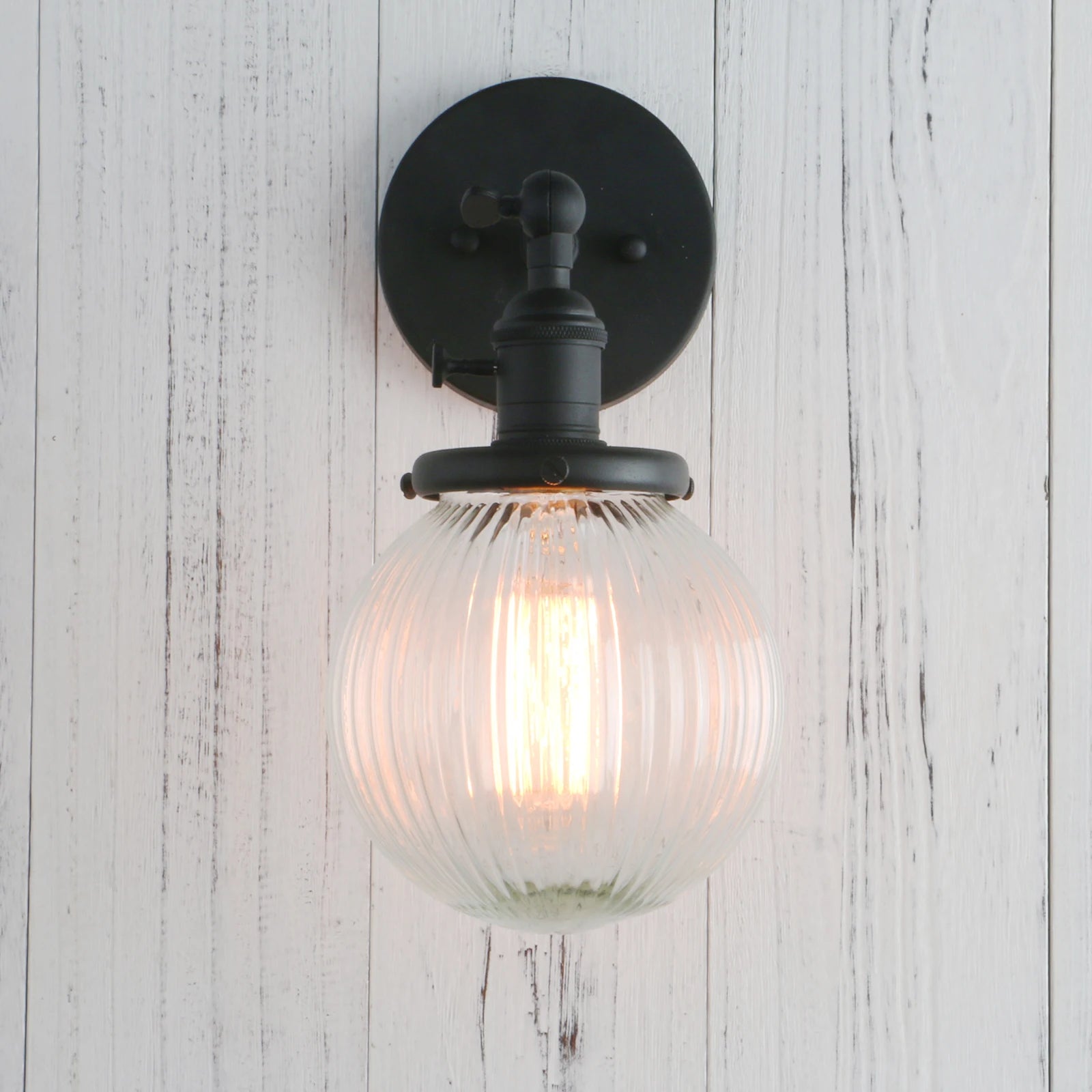 Vintage Industrial Wall Sconce Lighting Fixture with Mini 5.9" Round Clear Globe Ribbed Glass Shade