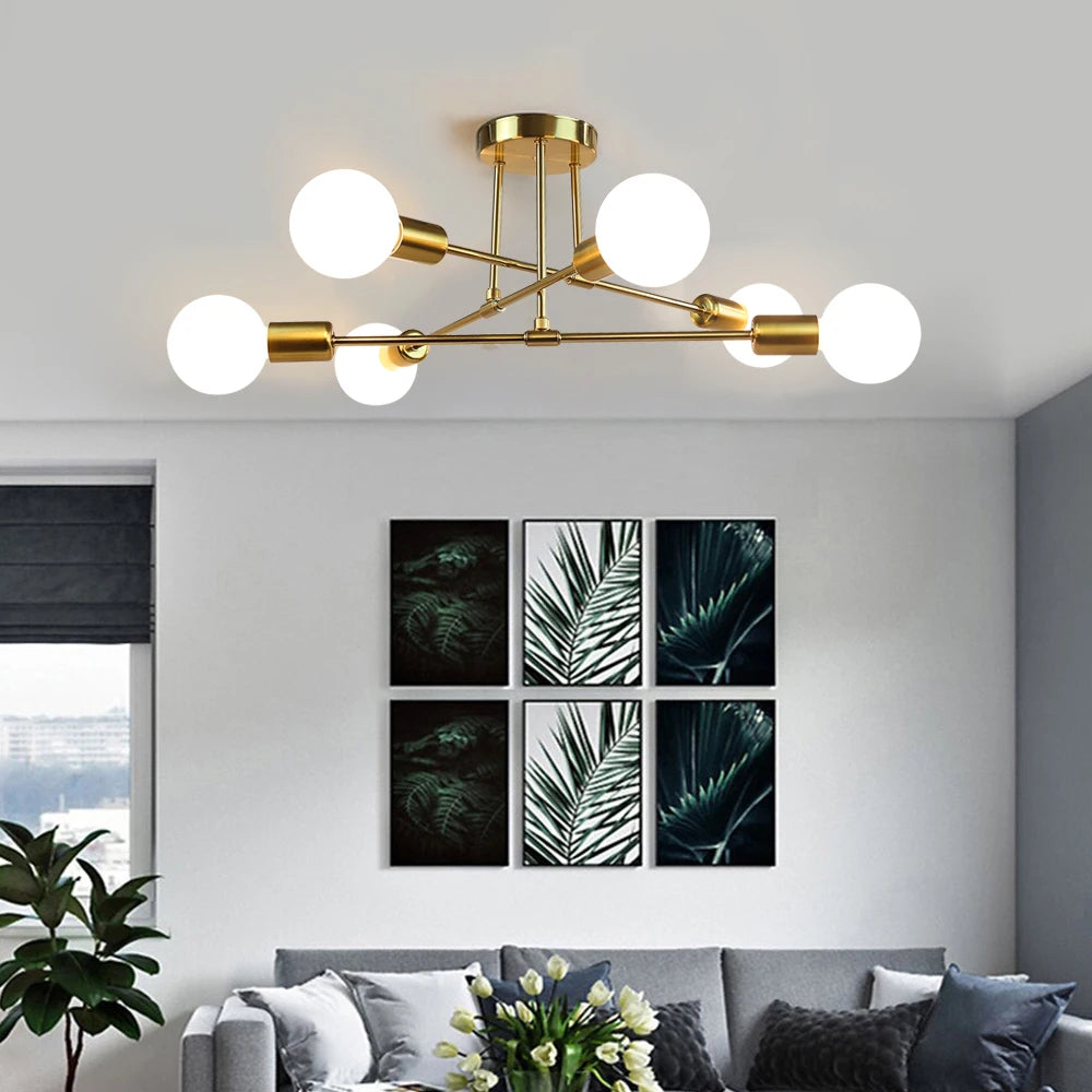 E27 Modern Chandelier Ceiling Lamp Iron Minimalist Personality Creative LED Lighting Gold Black Decoration Living Room