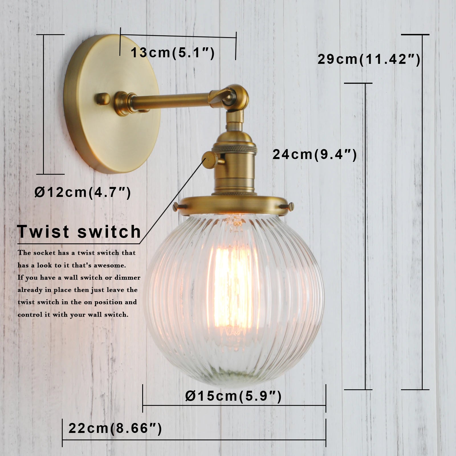 Permo Industrial Ribbed Globe Glass Wall Light Fittings, Switched Wall sconces Lighting for Kitchen Island Living Room Bedroom