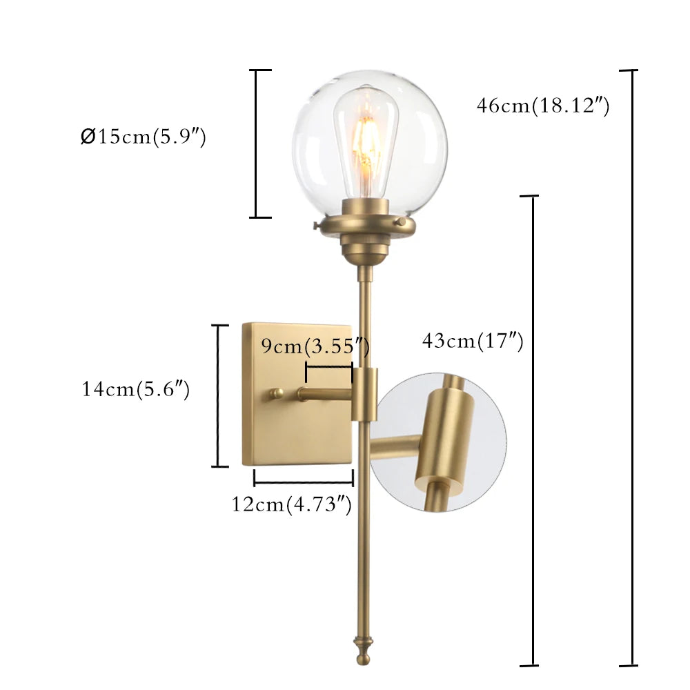 Mid-Century Modern Bathroom Vanity Light Single Wall Sconce with Glass Globe Shade and Antique Brass Finished Long Arm