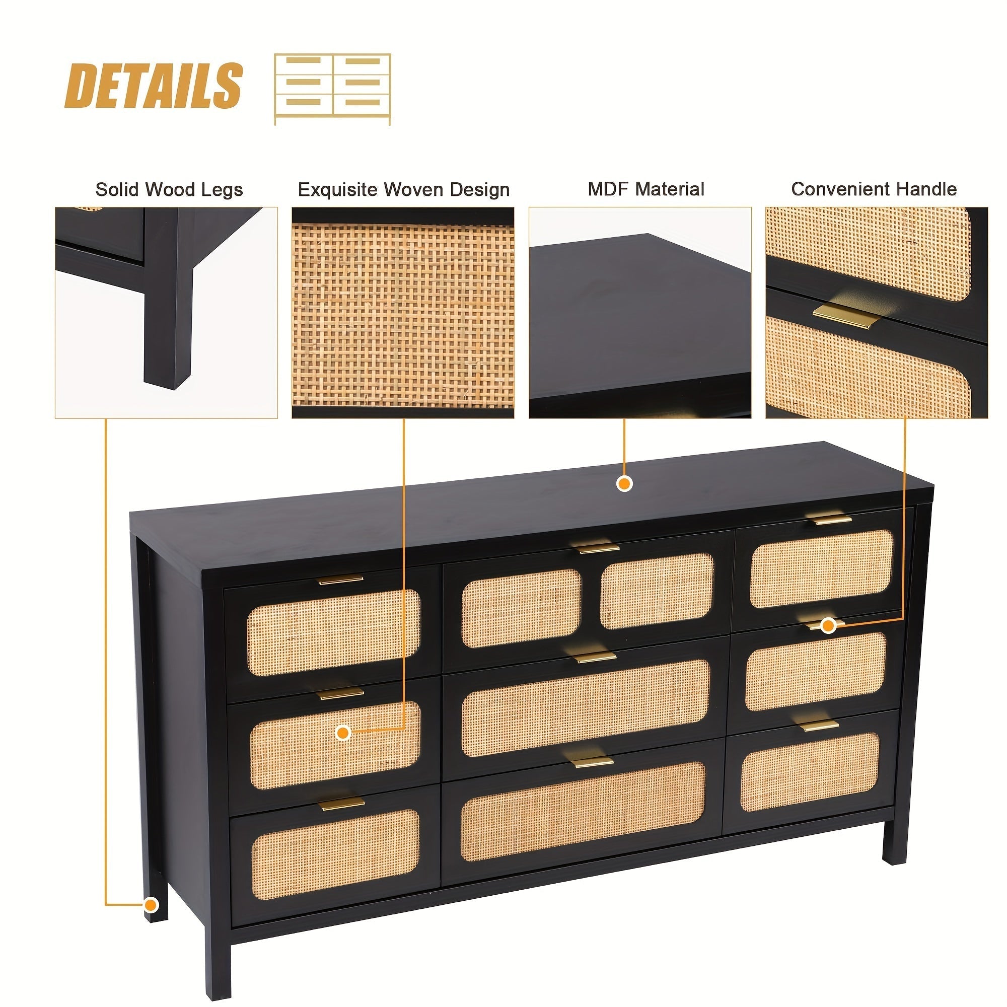 9 Drawer Dresser, Modern Rattan Dresser Chest With Large Storage And Metal Handles, Rustic Wood Storage Chest Of Drawers For Bedroom, Living Room, Entryway