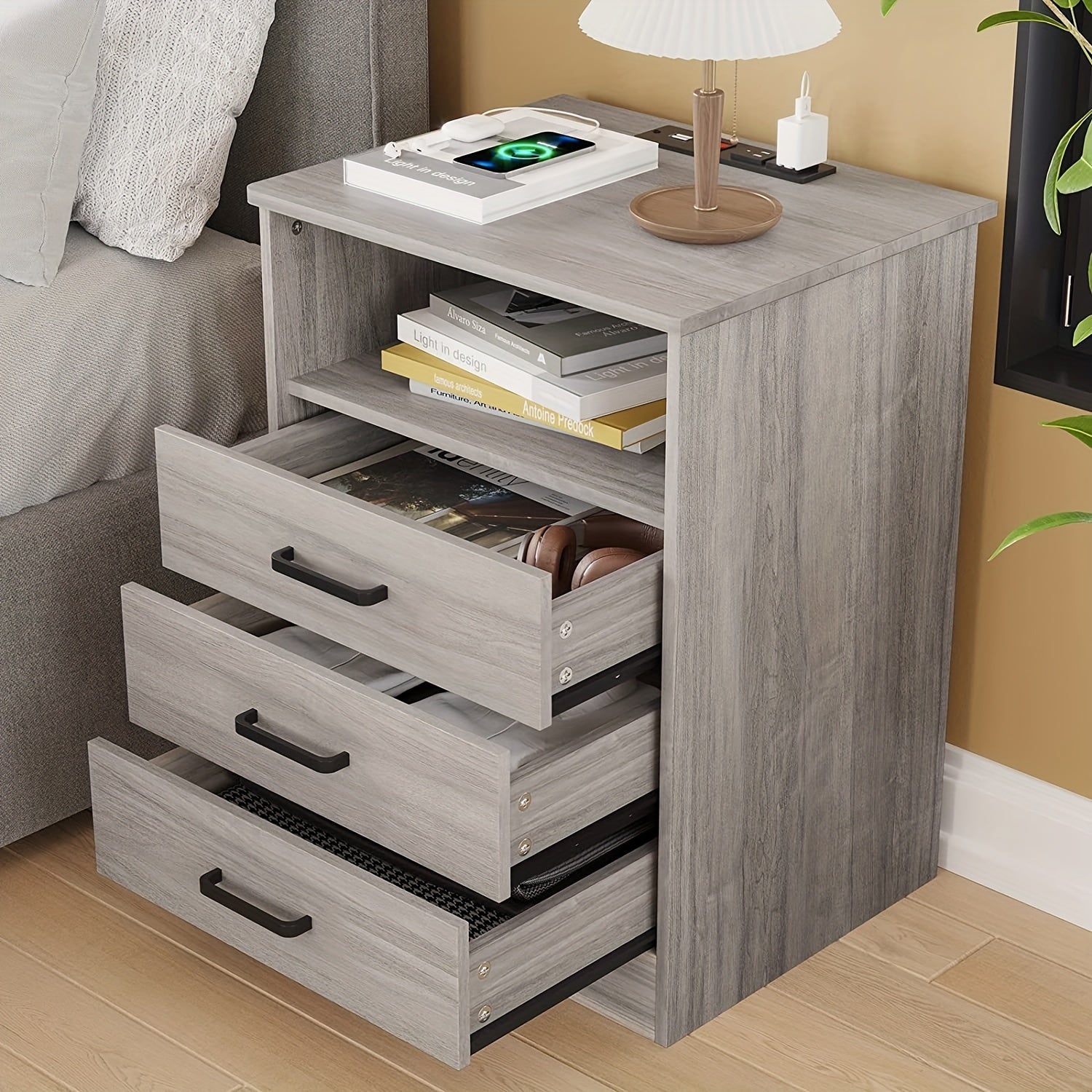 Nightstand with 3 Drawers and USB Port Charging Station, Bedroom End Table Side Table with Open Storage, Grey/White/ Black
