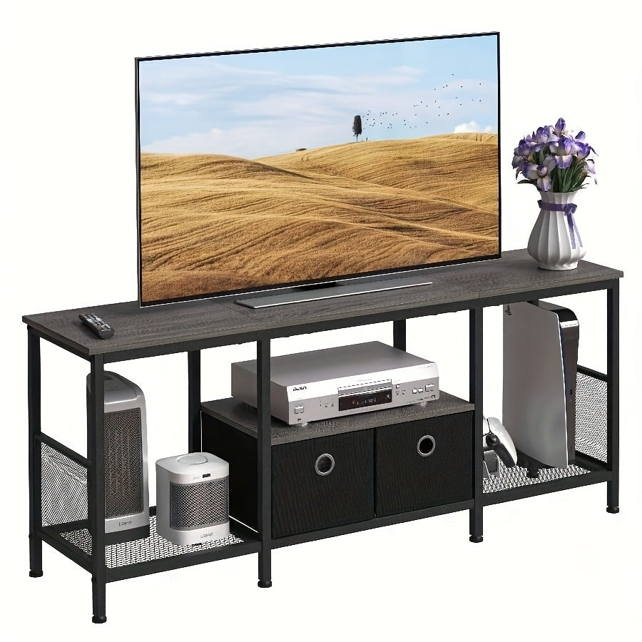 140cm Grey TV Stand with Fabric Drawers - Metal Entertainment Center for Living Room, Bedroom | Includes Media Console & Soundbar Shelf