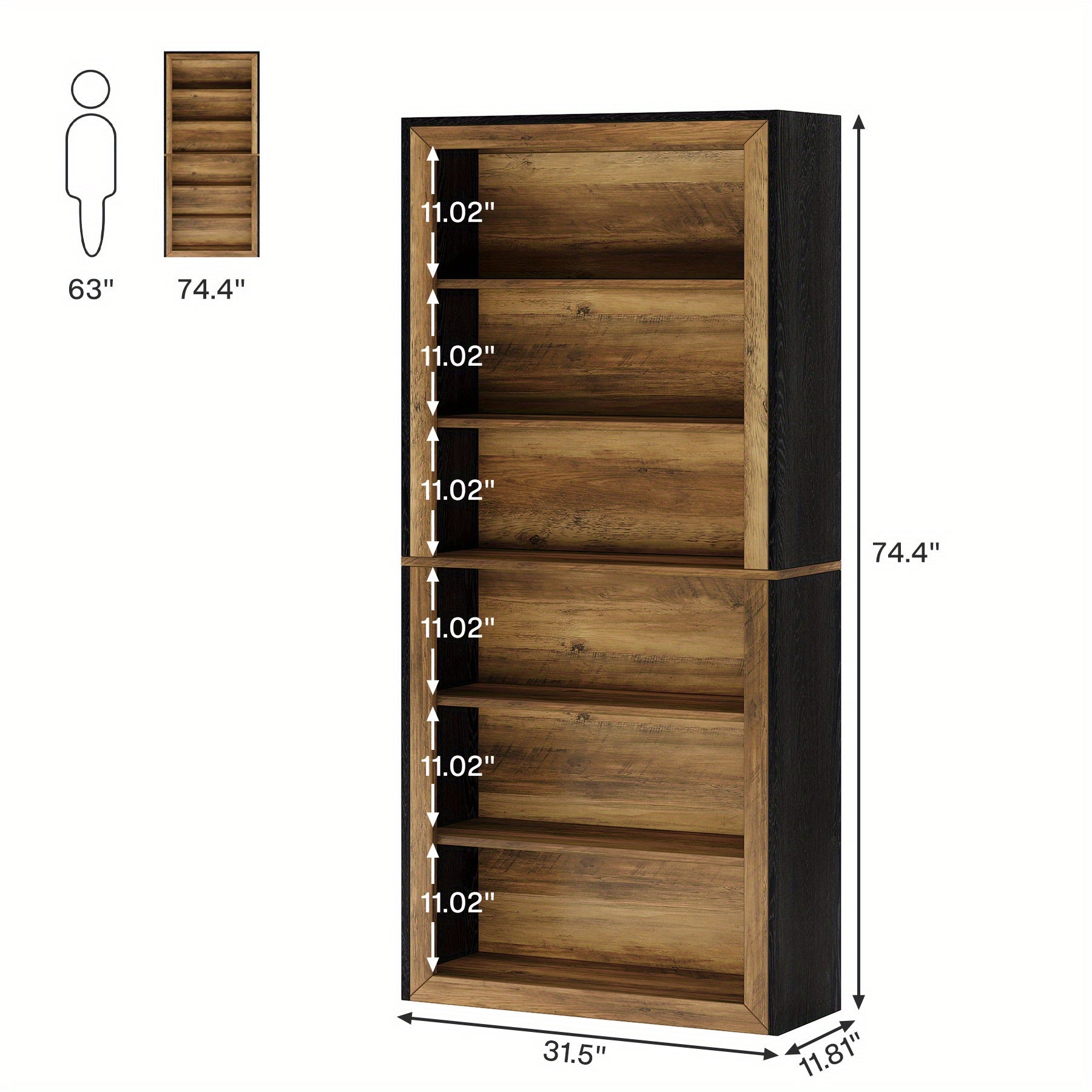189cm Tall Bookcase, 7 Tiers Wood Open Display Floor Bookshelf, Vintage Open Display Storage Shelves TV Stand for Home Office, Living Room, Bed Room, Brown+Black