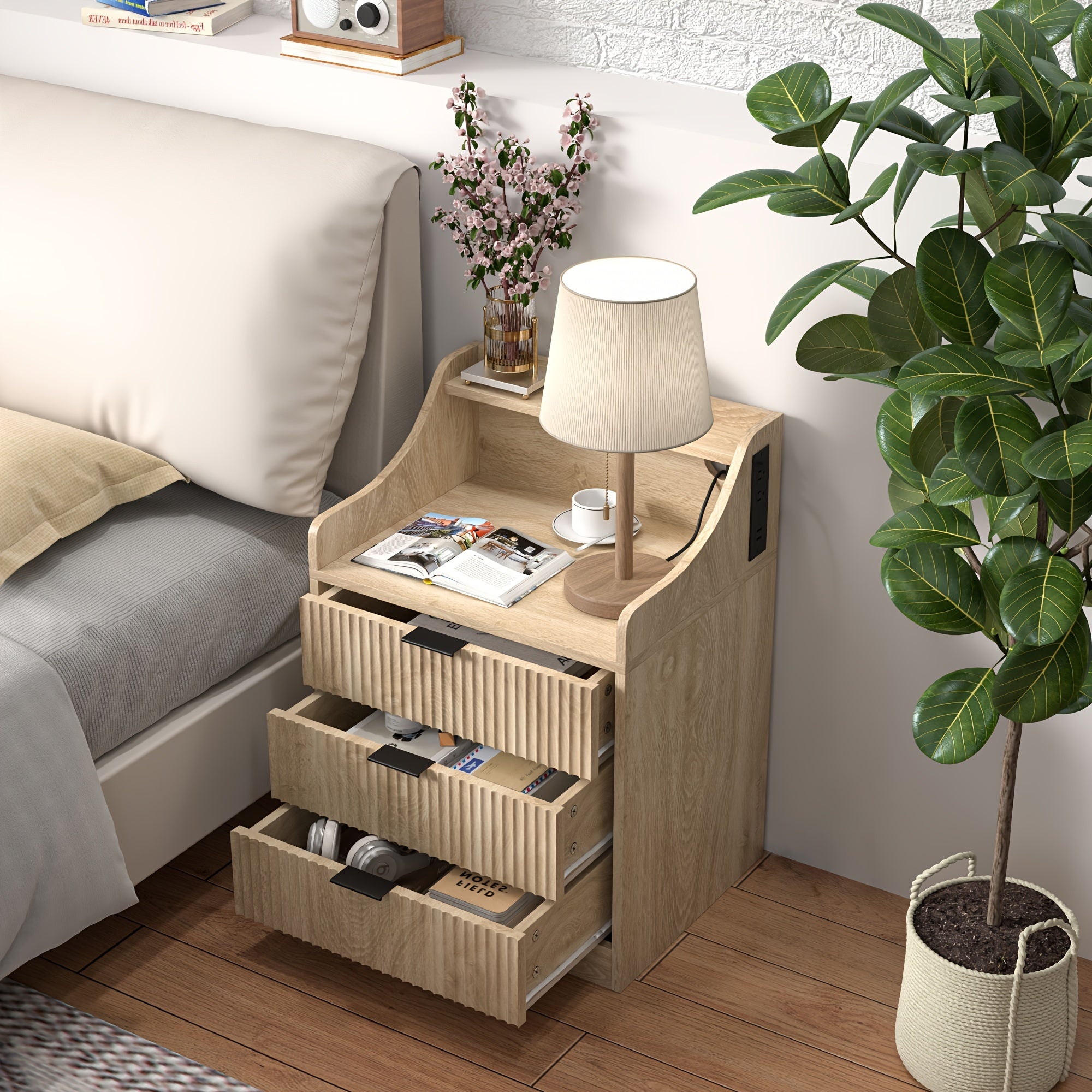 Modern Fluted Nightstand With 3 Drawer, Mid-Century Side Table Night Stand Bedside End Table Nightstand For Bedroom, Living