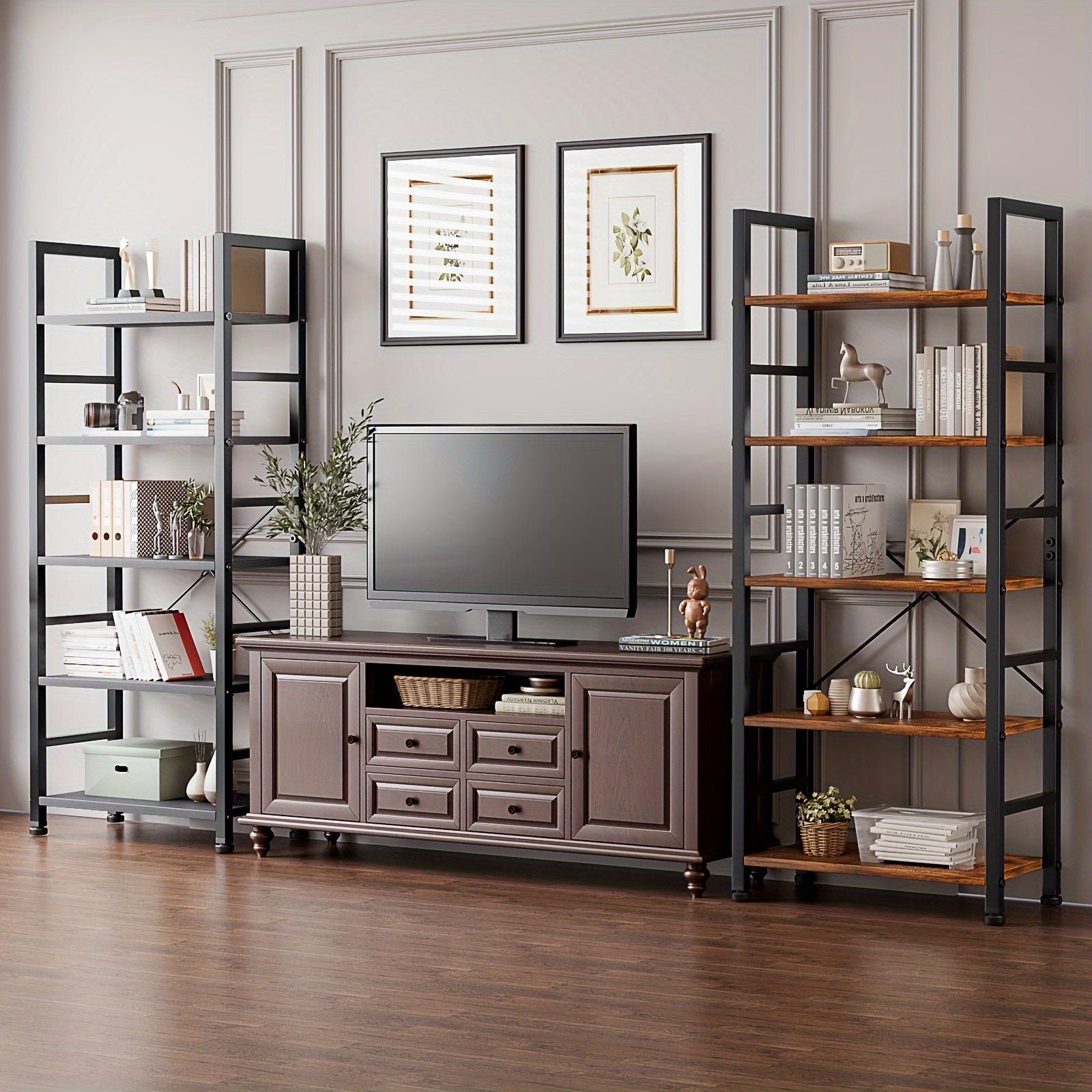 Vintage 5-Tier Bookshelf with Metal Frame - Versatile Storage & Display Rack for Kitchen, Office, Garage, and Bathroom Decor, Coffee Tree Microwave Stand, Car Accessories, Open Shelves, Utility Racks