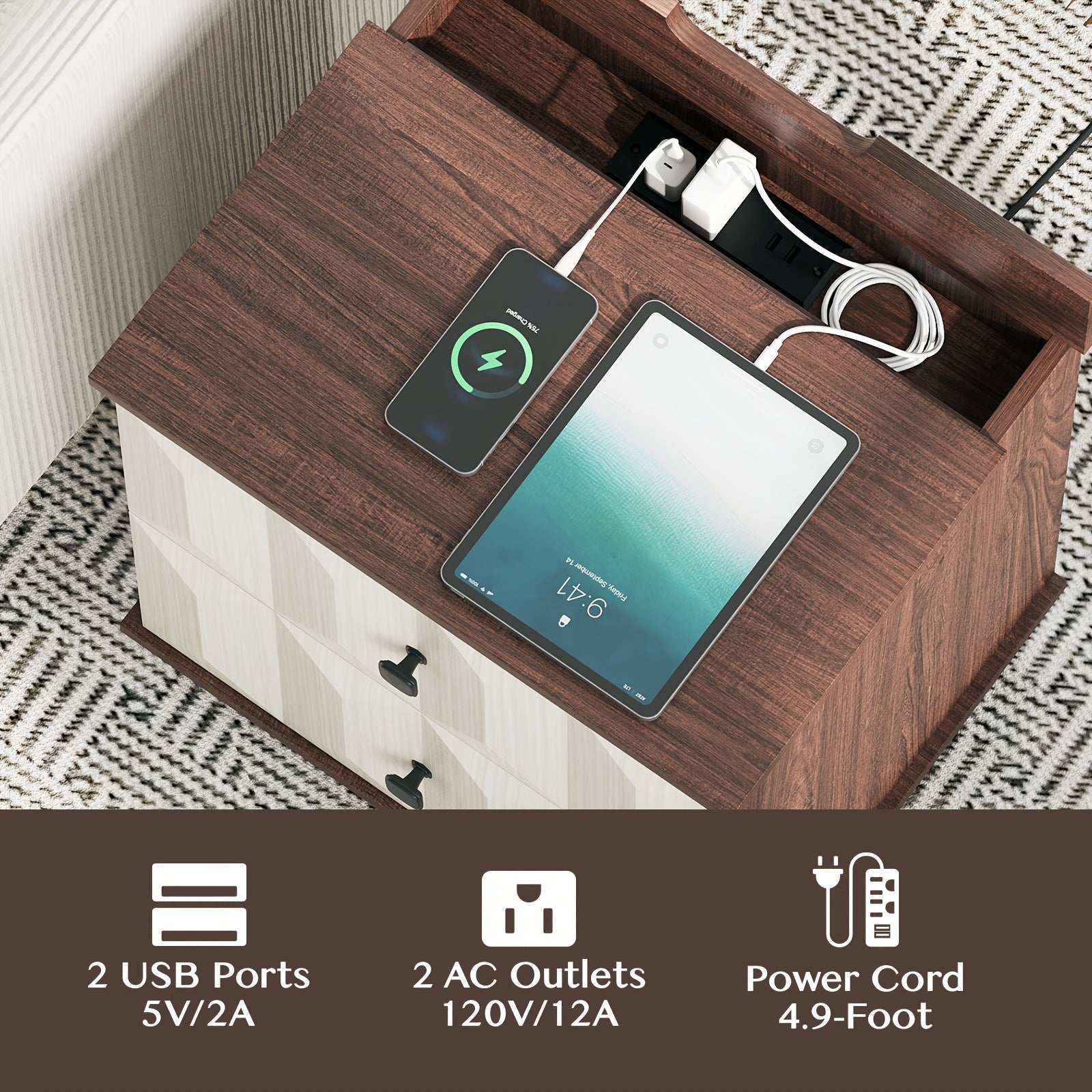 Modern Farmhouse Nightstand With Charging Station, Bed Side Table With 2 Drawers, Adult End Tables, 19" Large Nightstand Wood, For Bedroom, Living Room (Walnut White)