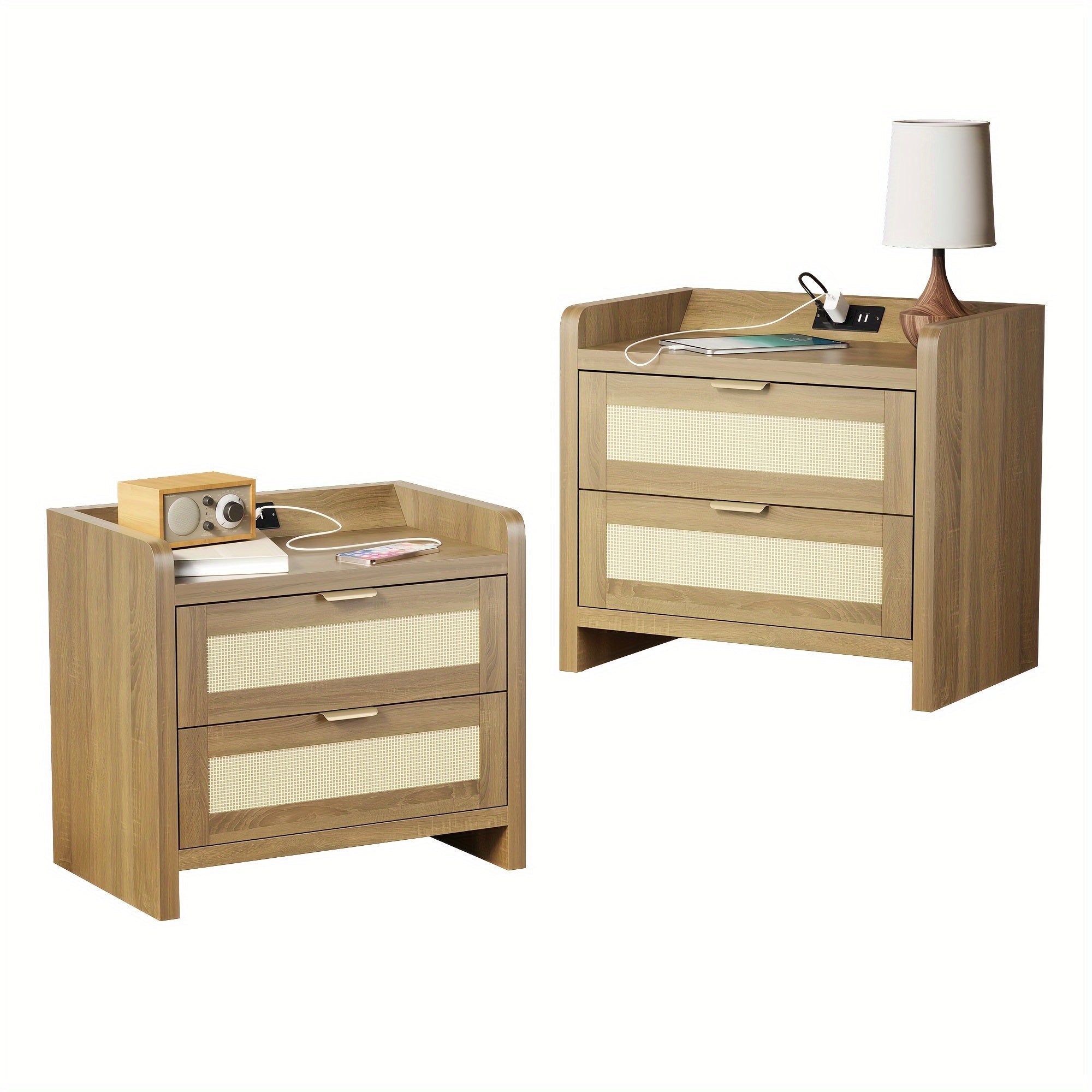 Bohemian Rattan Edge Wooden Nightstand Set Of 2 With 2 Woven Upholstery Drawers And Open Storage Space, Bucket Locker Bedroom Locker Locker, Sofa Side Table, Living Room, Bedroom Headboard (brown/wood)