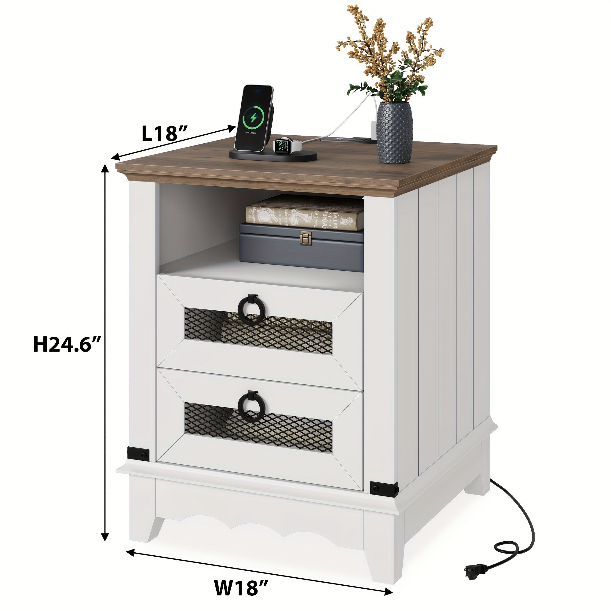 Farmhouse End Table White Nightstand Wood Sofa Table Square Side Table Nesting Table With 2 Drawers For Bedroom Living Room