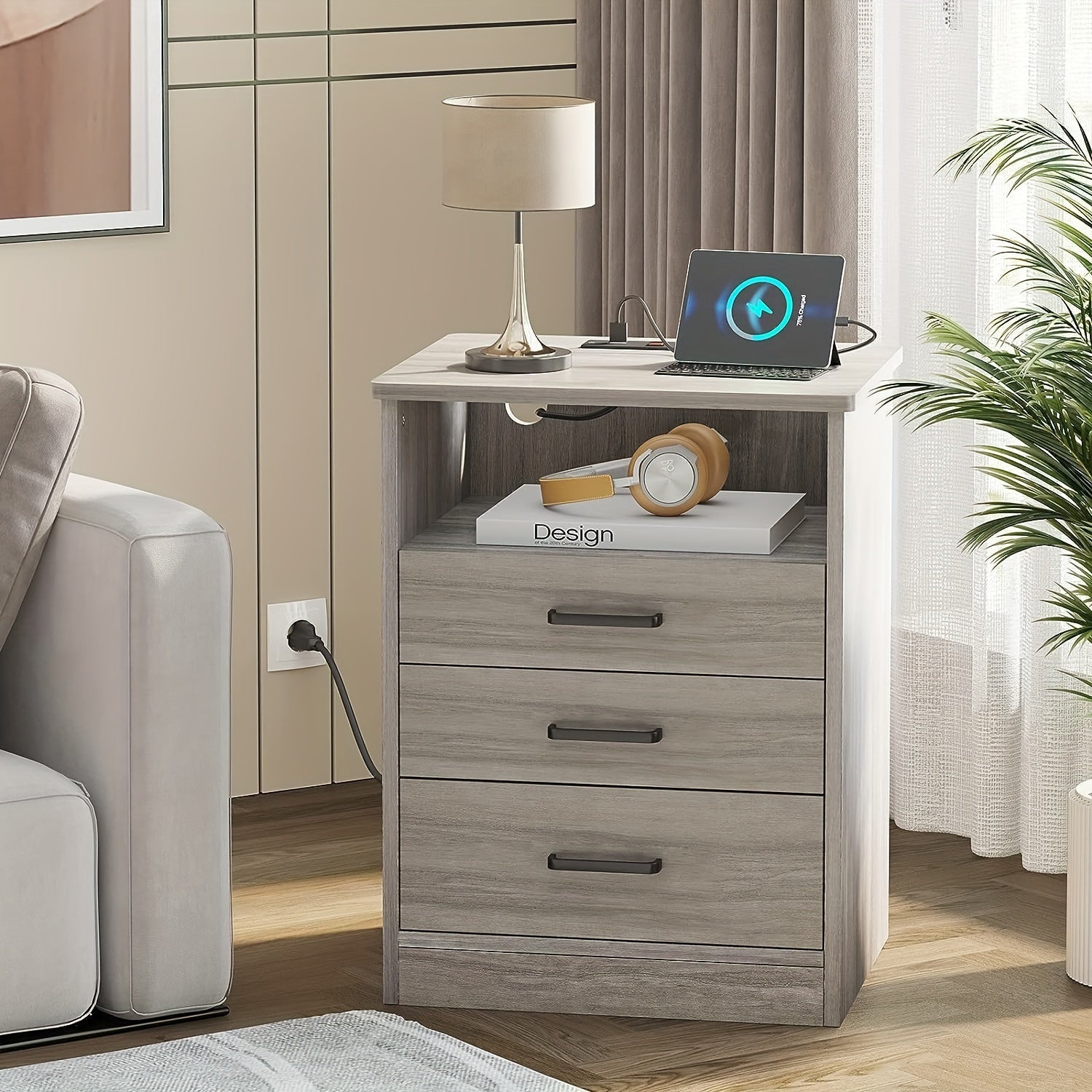 Nightstand with 3 Drawers and USB Port Charging Station, Bedroom End Table Side Table with Open Storage, Grey/White/ Black