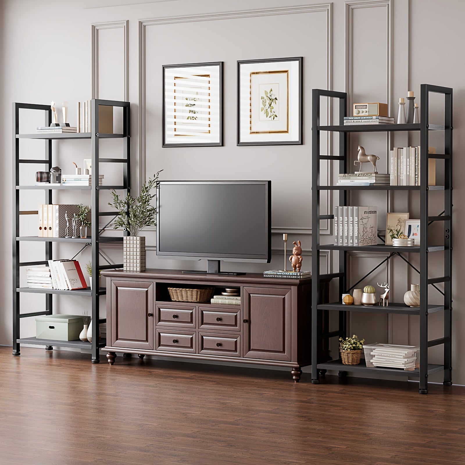 Vintage 5-Tier Bookshelf with Metal Frame - Versatile Storage & Display Rack for Kitchen, Office, Garage, and Bathroom Decor, Coffee Tree Microwave Stand, Car Accessories, Open Shelves, Utility Racks