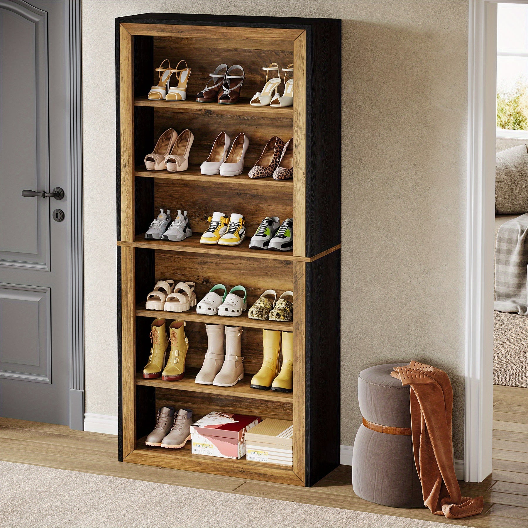 189cm Tall Bookcase, 7 Tiers Wood Open Display Floor Bookshelf, Vintage Open Display Storage Shelves TV Stand for Home Office, Living Room, Bed Room, Brown+Black