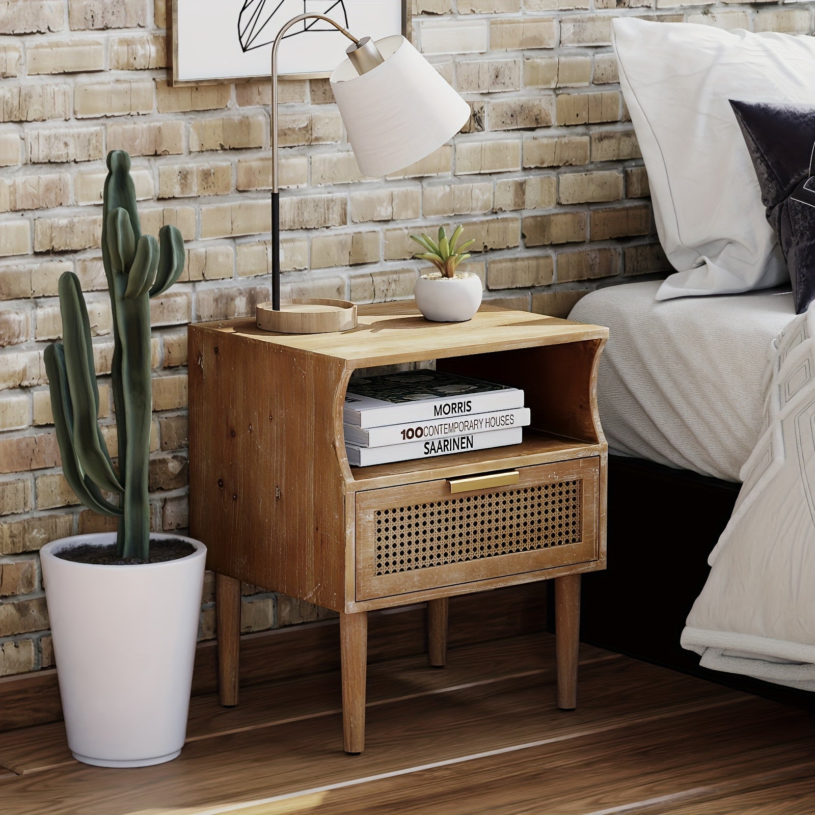 Farmhouse 2-Drawer Woven Fronts Nightstand, Rustic One Drawer Rattan Front Nightstand With Open Shelf, Industrial Accent Bedside Table