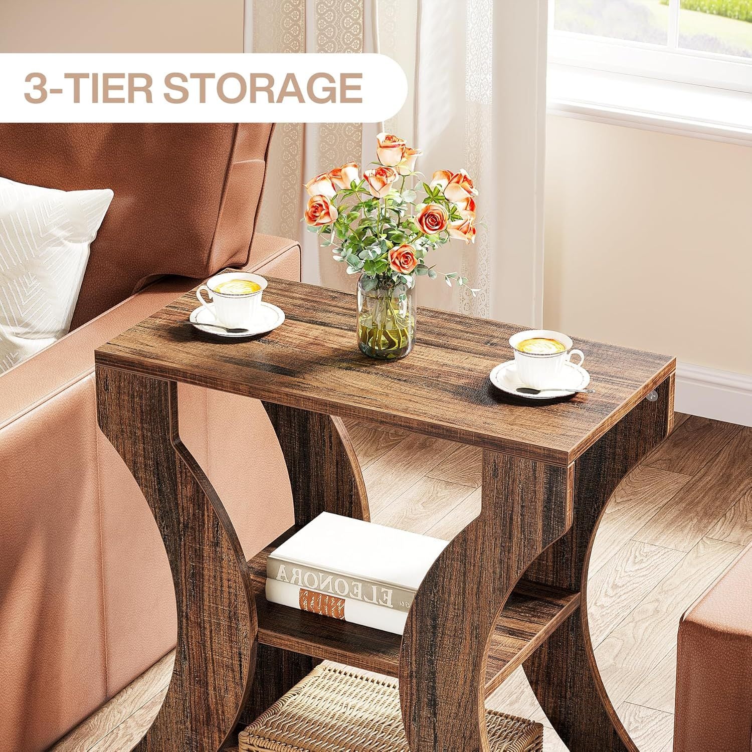 3-Tier Side Table with Storage Shelves, 60cm Farmhouse End Table, Modern Wood Accent Table, Nightstand Bedside Table for Living Room, Bedroom, Ladder Racks, Storage and Organization