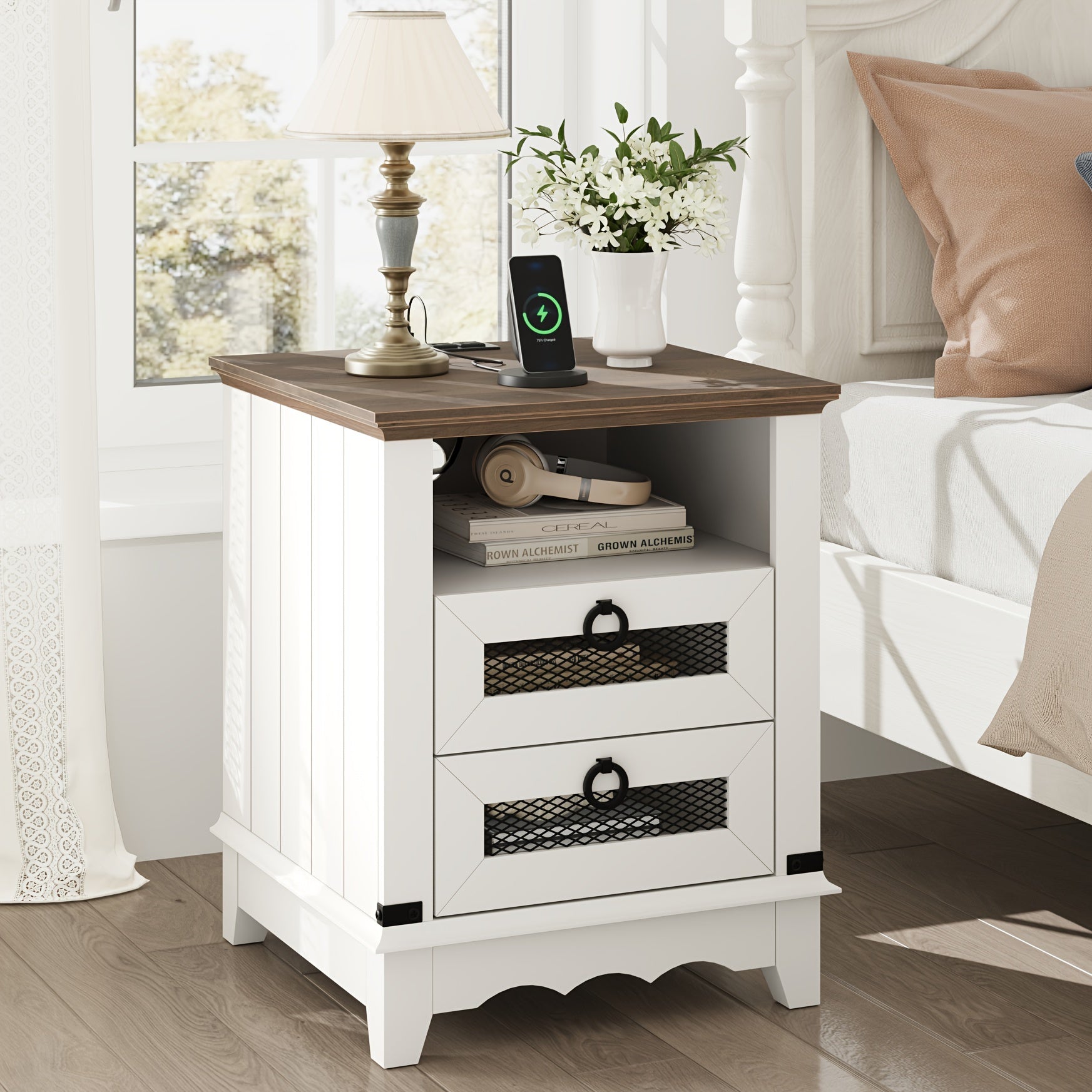 Farmhouse End Table White Nightstand Wood Sofa Table Square Side Table Nesting Table With 2 Drawers For Bedroom Living Room