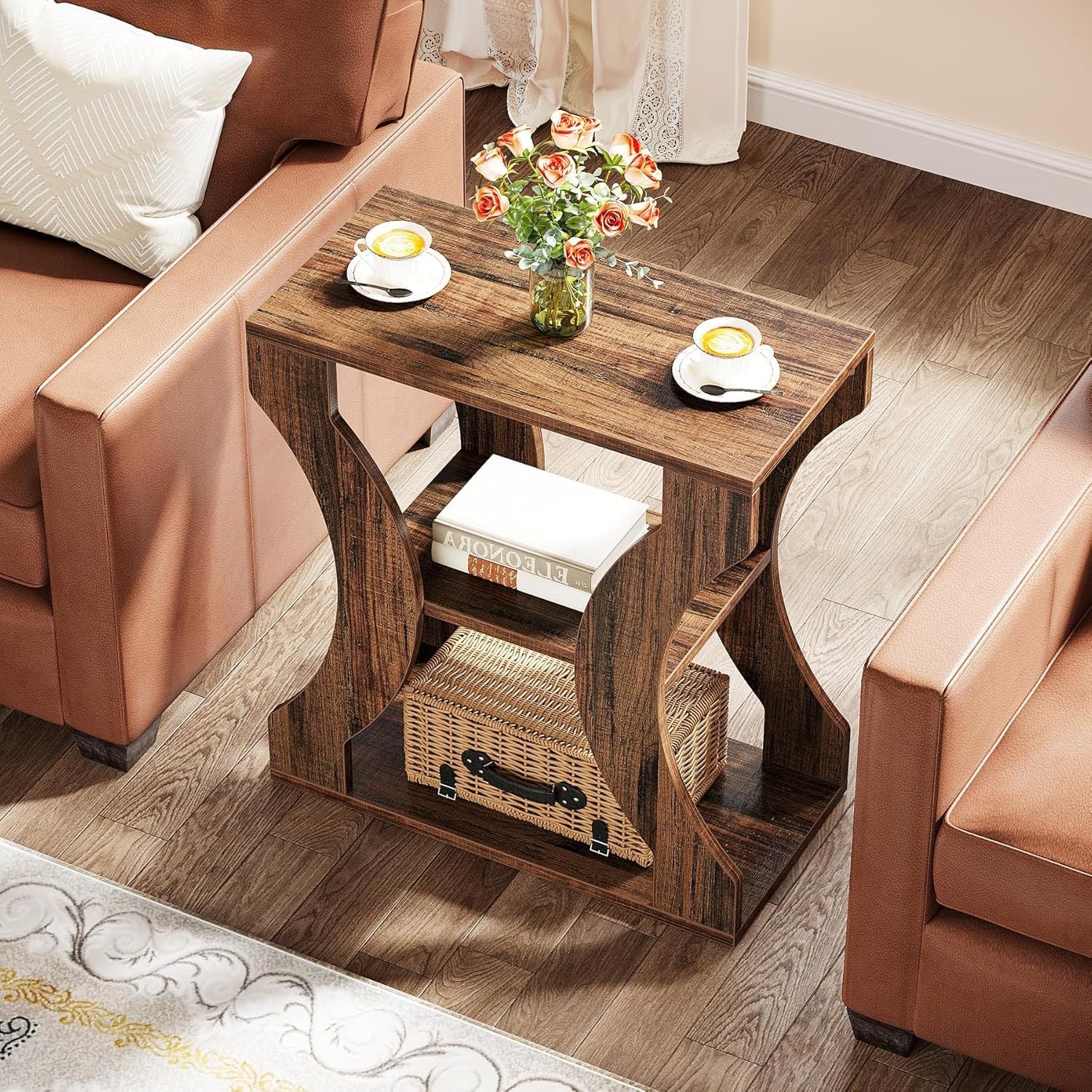 3-Tier Side Table with Storage Shelves, 60cm Farmhouse End Table, Modern Wood Accent Table, Nightstand Bedside Table for Living Room, Bedroom, Ladder Racks, Storage and Organization
