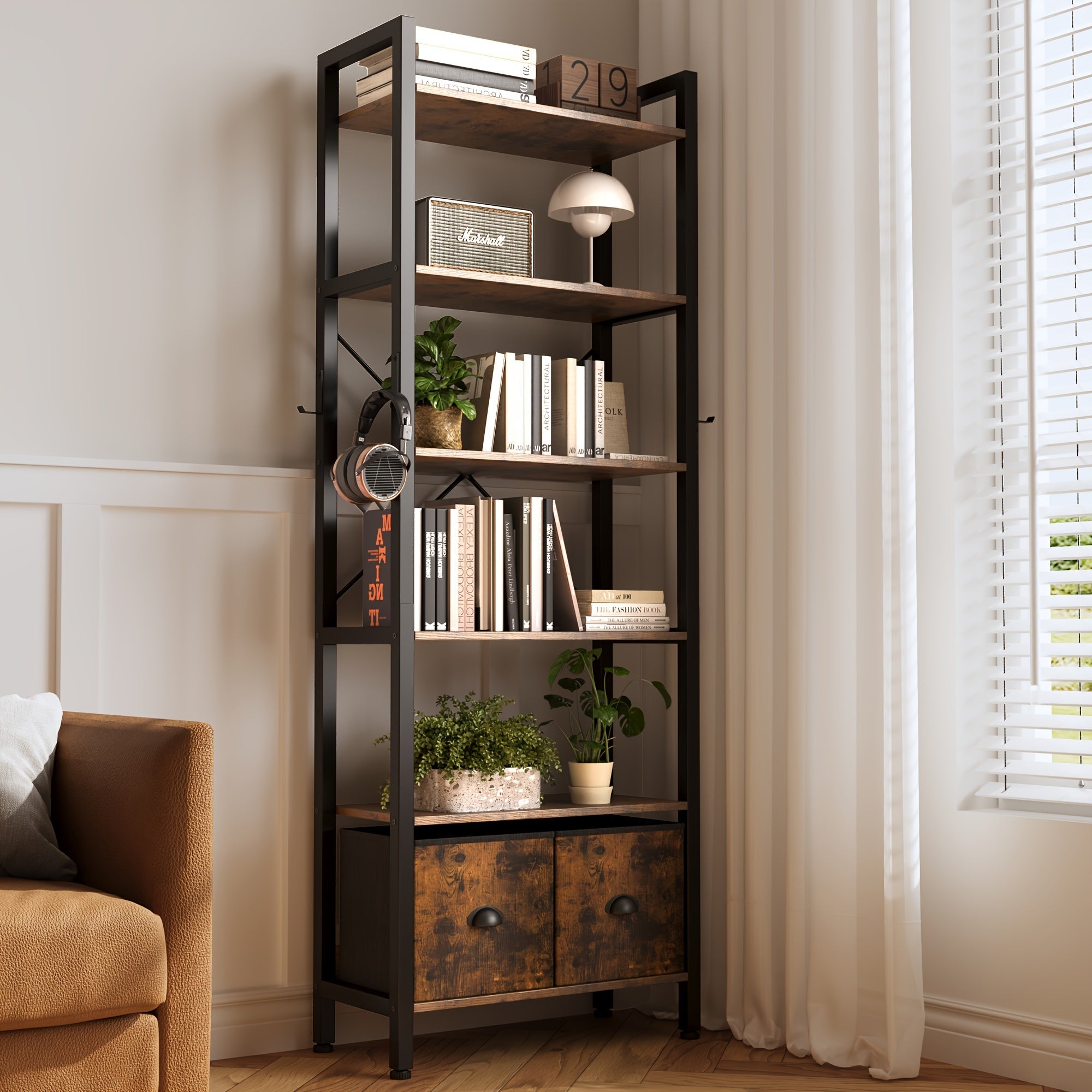 6-Tier Bookshelf with 2 Storage Drawers, Industrial Display Standing Shelf, Rustic Wood Storage Shelf with Metal Frame, Open Bookcases for Living Room, Bedroom, Home Office (Brown)