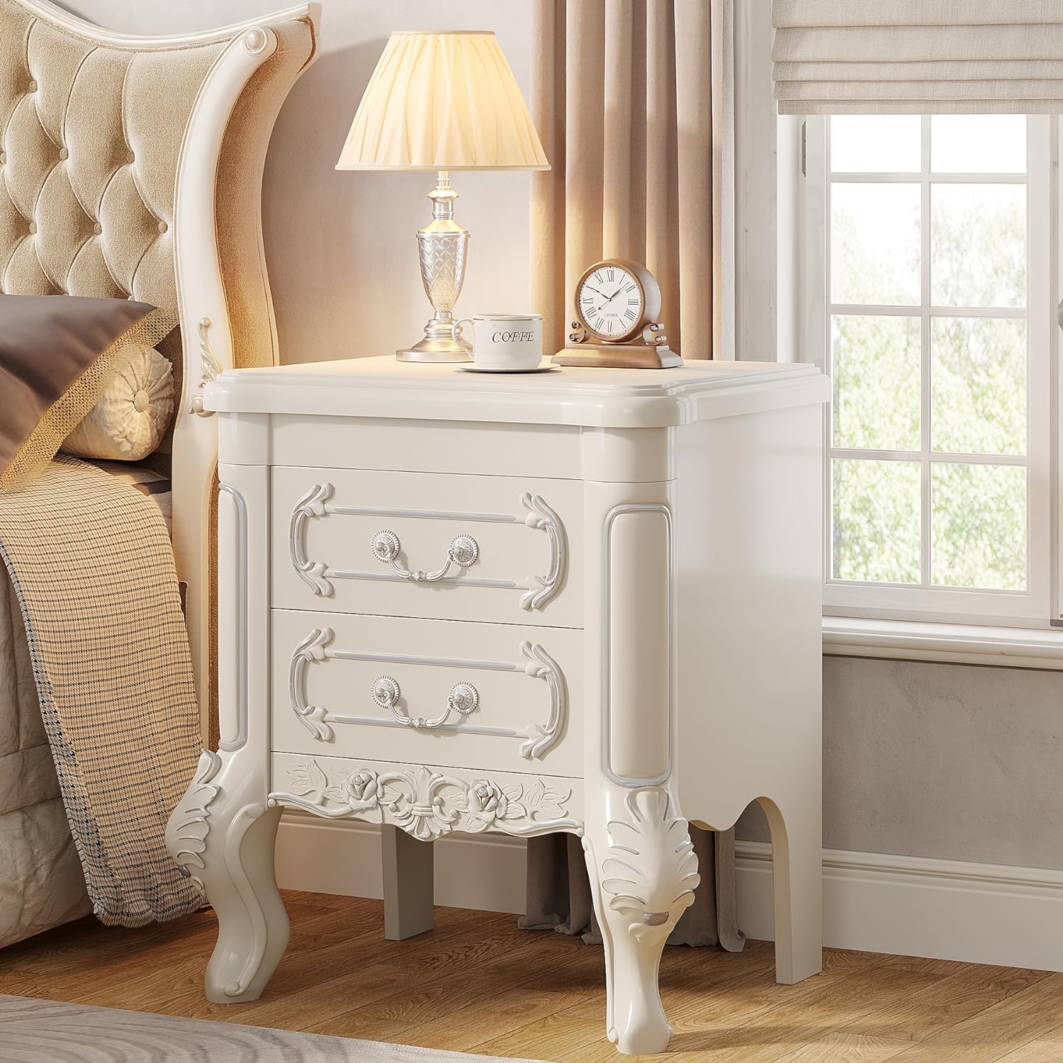 Carved Nightstand, Bedside Table End Table with 2 Drawers (in cm)
