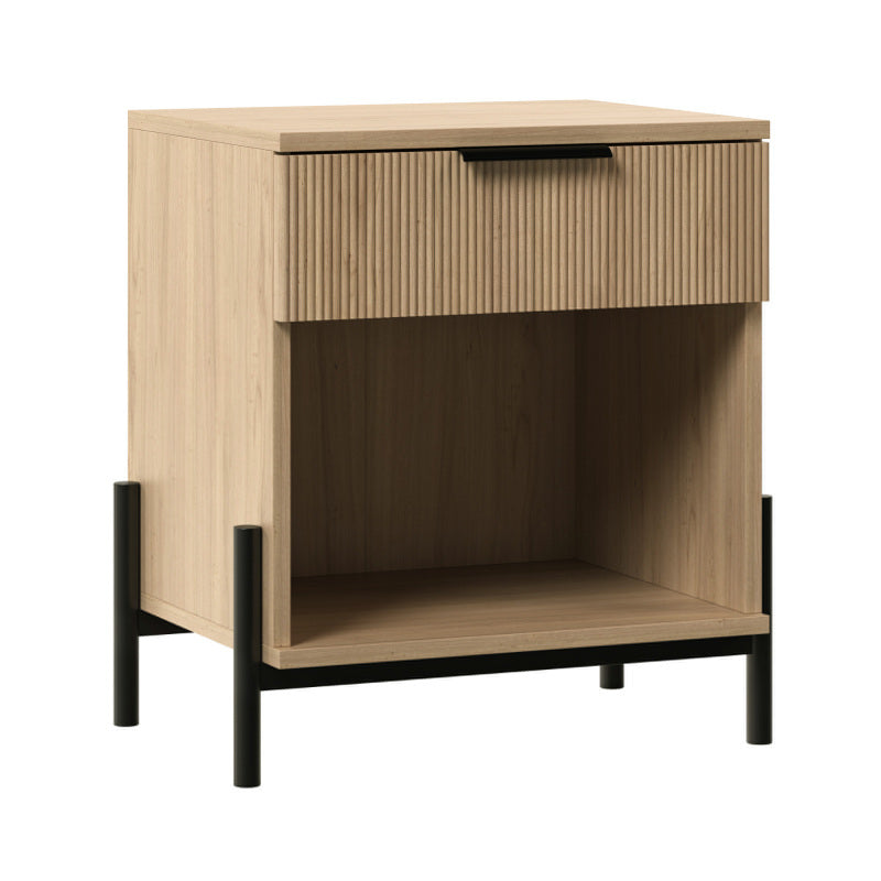 Elegant Coastal Oak Nightstand with Fluted Drawer & Open Storage Cubby - Sleek Metal Frame, Multi-Purpose Floor Standing Organizer for Bedroom & Living Spaces, Bedroom Decor, Modern, Floor Standing Organizer, Utility Racks