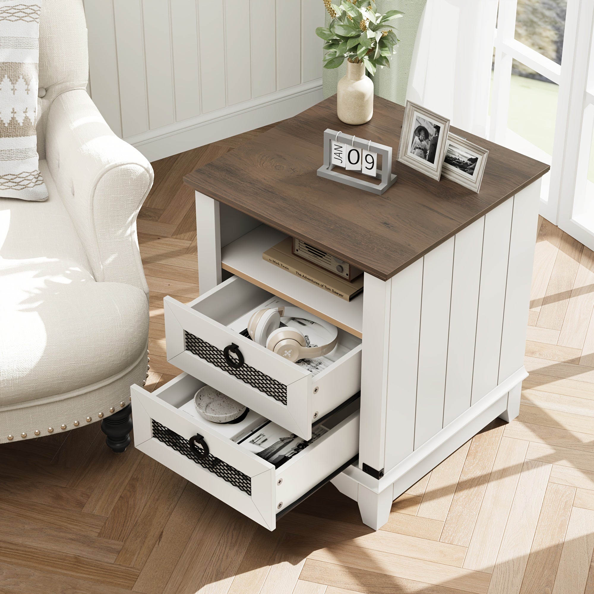 Farmhouse End Table White Nightstand Wood Sofa Table Square Side Table Nesting Table With 2 Drawers For Bedroom Living Room