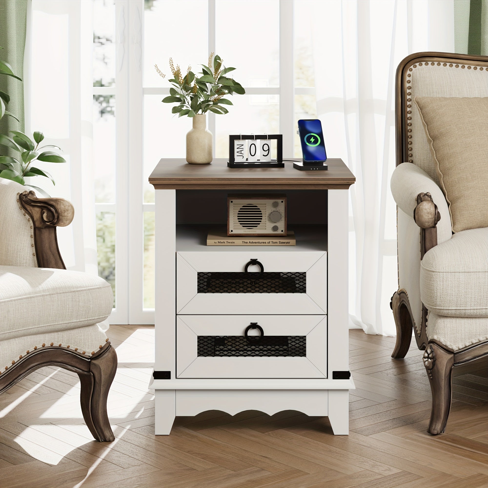 Farmhouse End Table White Nightstand Wood Sofa Table Square Side Table Nesting Table With 2 Drawers For Bedroom Living Room