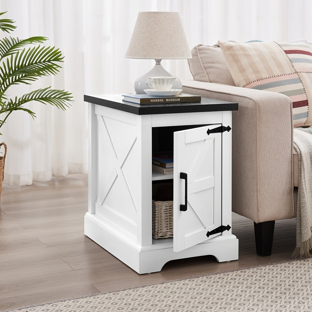 Farmhouse End Table Nightstand, Multifunctional Pedestal Base Sofa Side Table, Rustic Wooden Farmhouse Style, with Barn Door and Adjustable Shelf, for Living Room, Bedroom - No Electricity Required