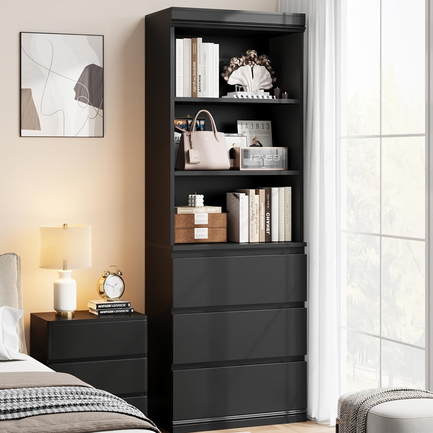 5-Tier Bookshelf With Drawers - Tall Vintage Bookcase With Metal Frame, Farmhouse Corner Shelf And Storage For Home Office, Living Room, Bedroom, Or Bathroom