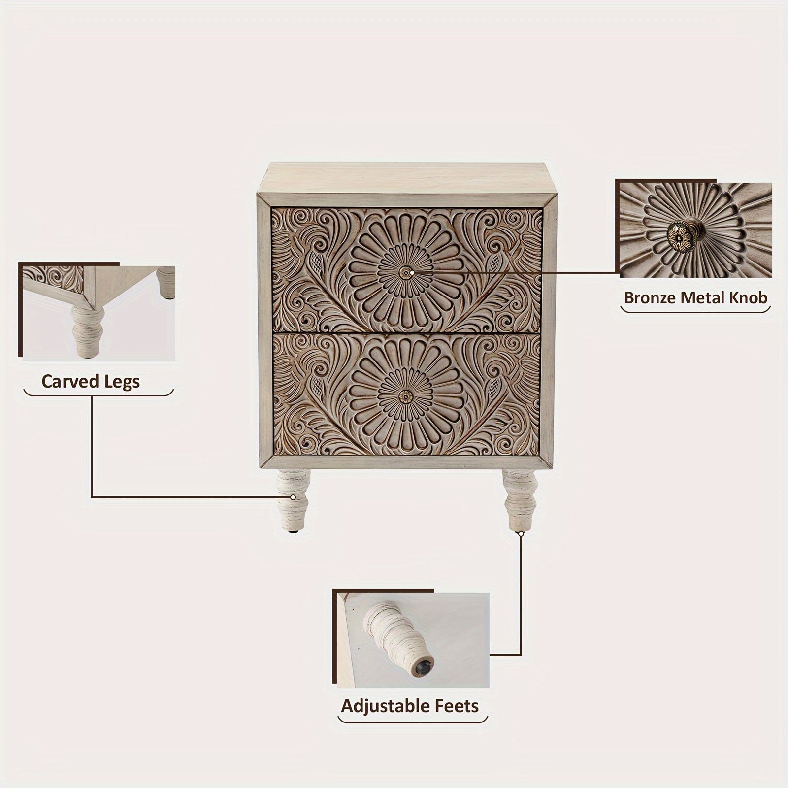 1pc Vintage Style Nightstand with 2 Drawers - Lightweight MDF Accent Table, Pine Wood Back, Floor Mount, Independent End Table Bedside Furniture, Under 3.2 Cubic Feet Storage, Less Than 27 Inches High - Ideal for Living Room