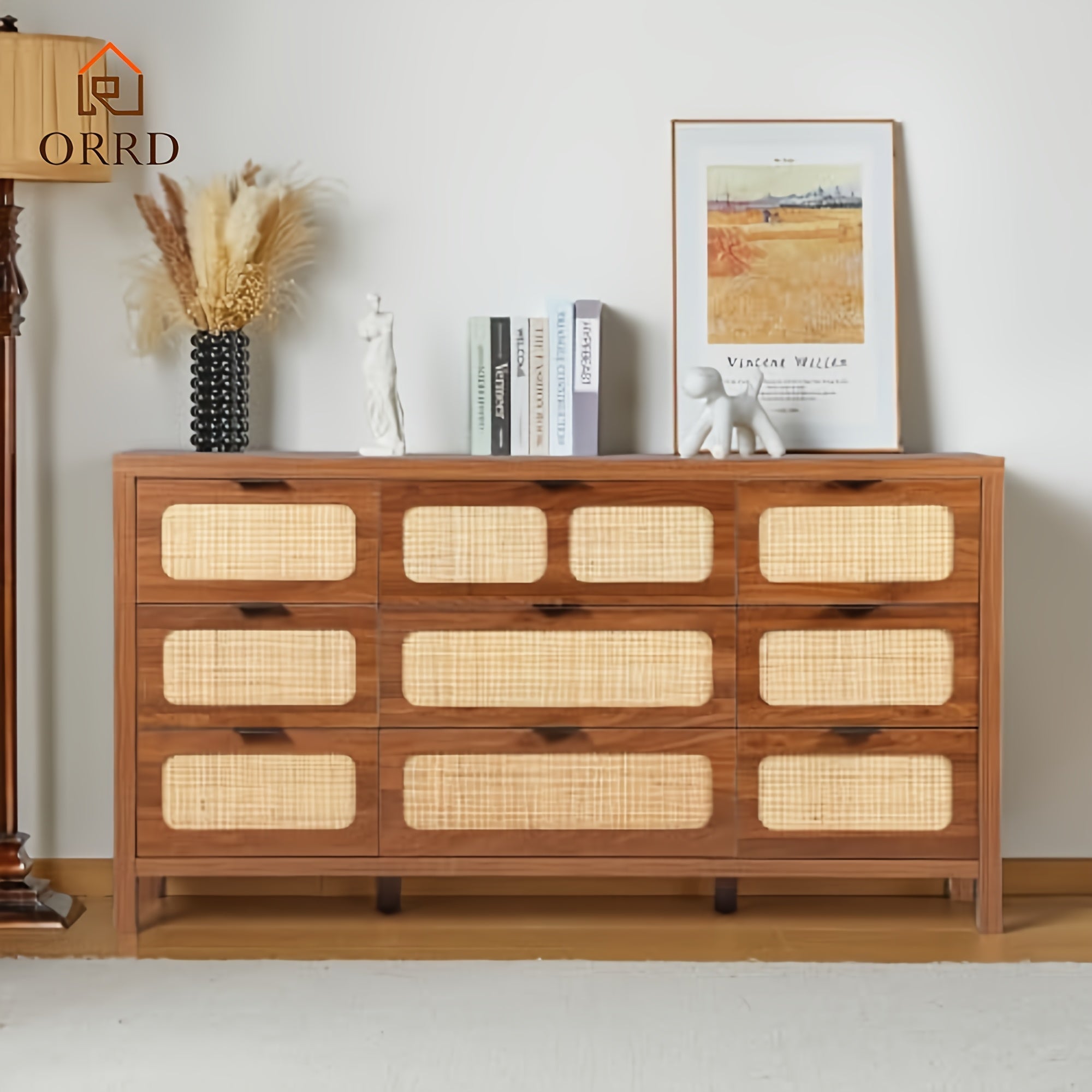 9 Drawer Dresser, Modern Rattan Dresser Chest With Large Storage And Metal Handles, Rustic Wood Storage Chest Of Drawers For Bedroom, Living Room, Entryway