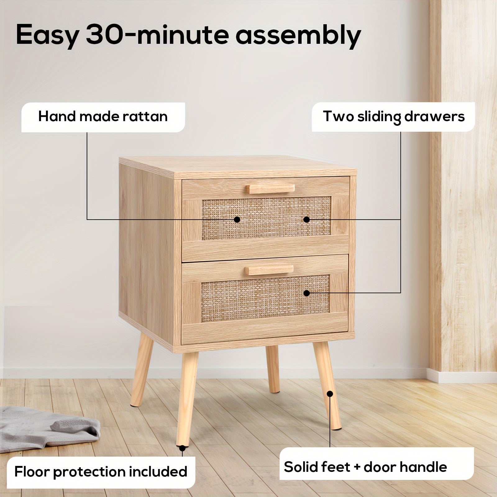 2pcs Rattan Nightstand Set, Wooden End Table With 2 Drawers, Solid Wood Legs, Bedroom Side Table With Handmade Rattan Accents, Smooth Slide, Easy Assembly For Home Decor