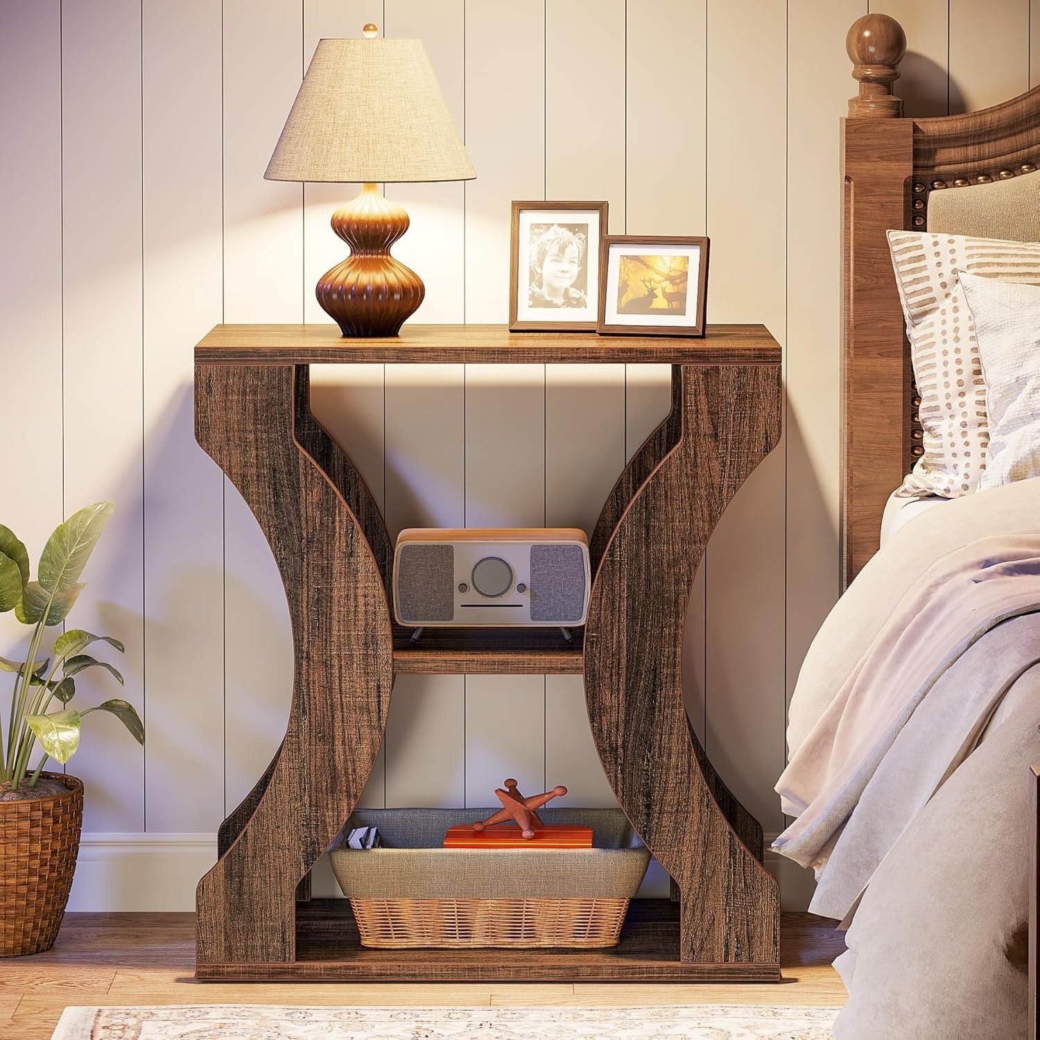 3-Tier Side Table with Storage Shelves, 60cm Farmhouse End Table, Modern Wood Accent Table, Nightstand Bedside Table for Living Room, Bedroom, Ladder Racks, Storage and Organization