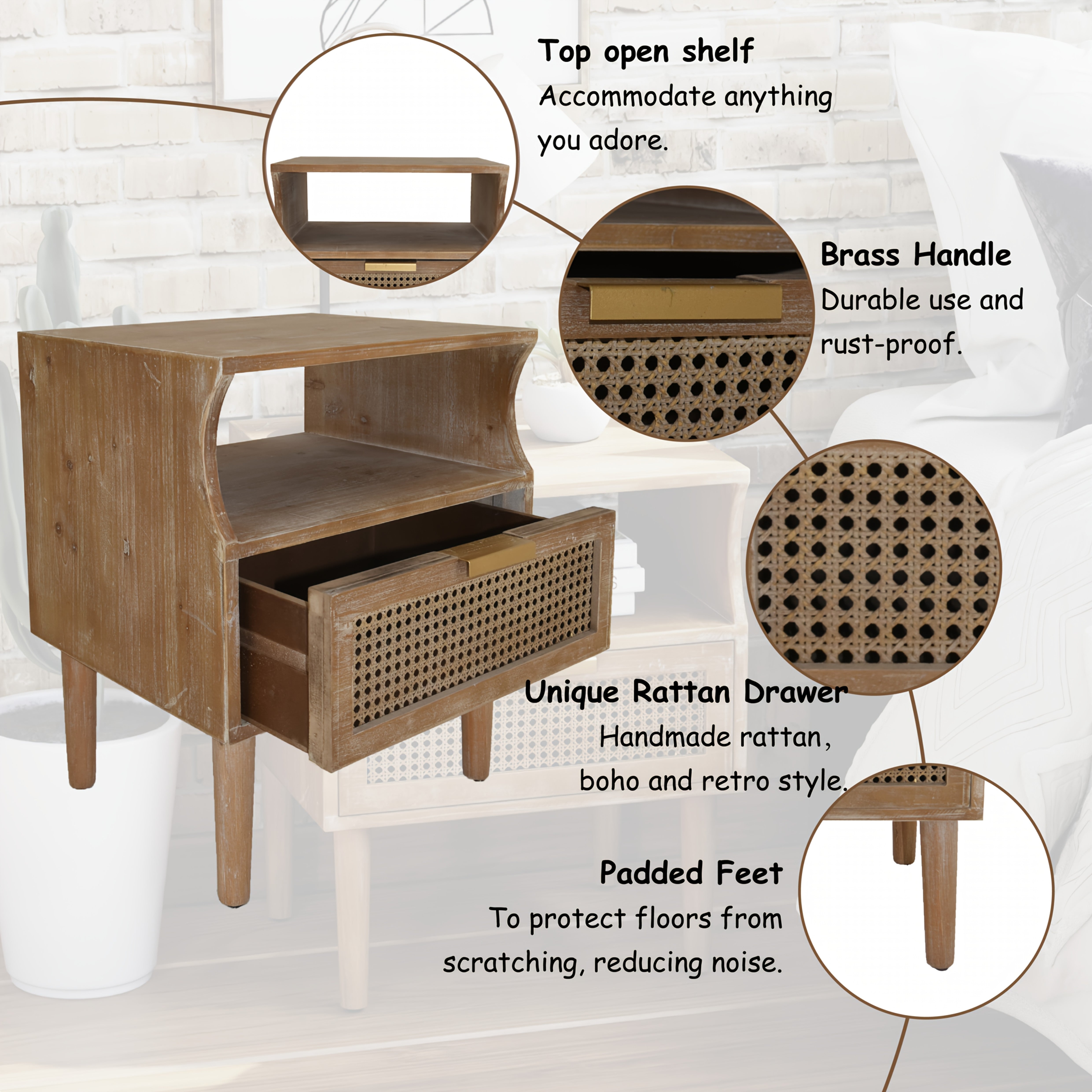 Farmhouse 2-Drawer Woven Fronts Nightstand, Rustic One Drawer Rattan Front Nightstand With Open Shelf, Industrial Accent Bedside Table
